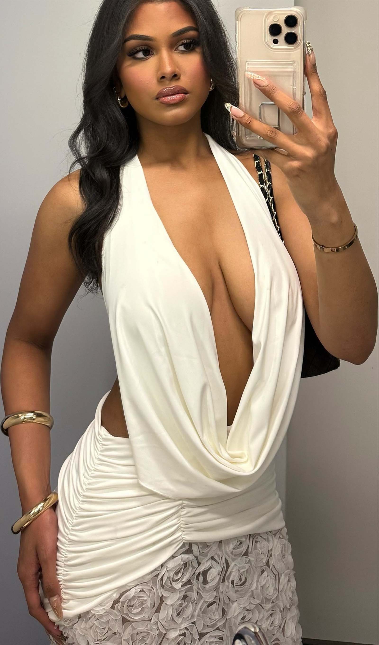 Halter Dokulu Uzun Elbise