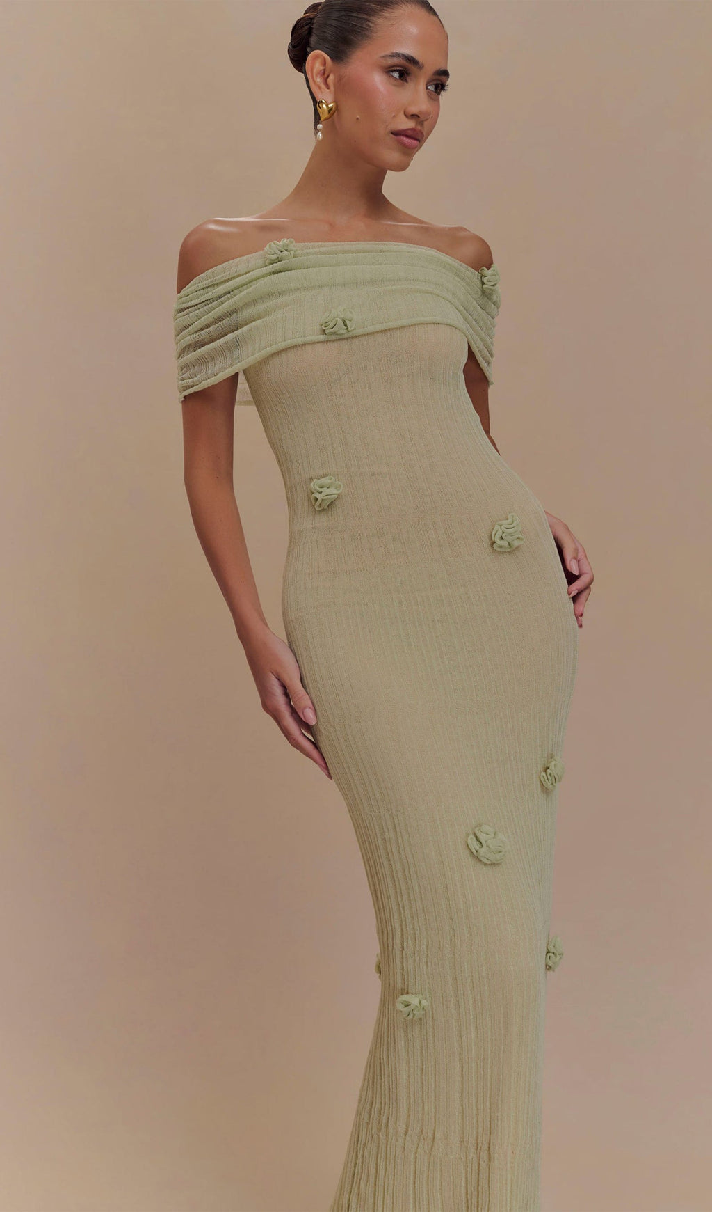 Pastel Yeşil Orkide Örgü Uzun Elbise