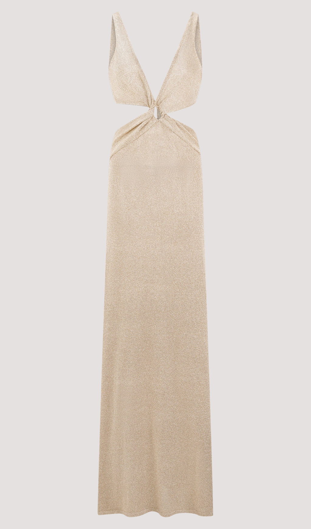 Altın Rengi Bükülmüş Metalik Örgü Uzun Elbise