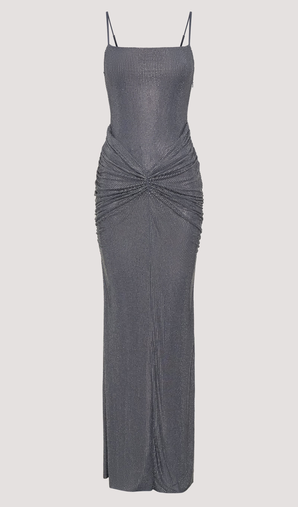 Metalik Gümüş Renginde Diamante Saten Uzun Elbise