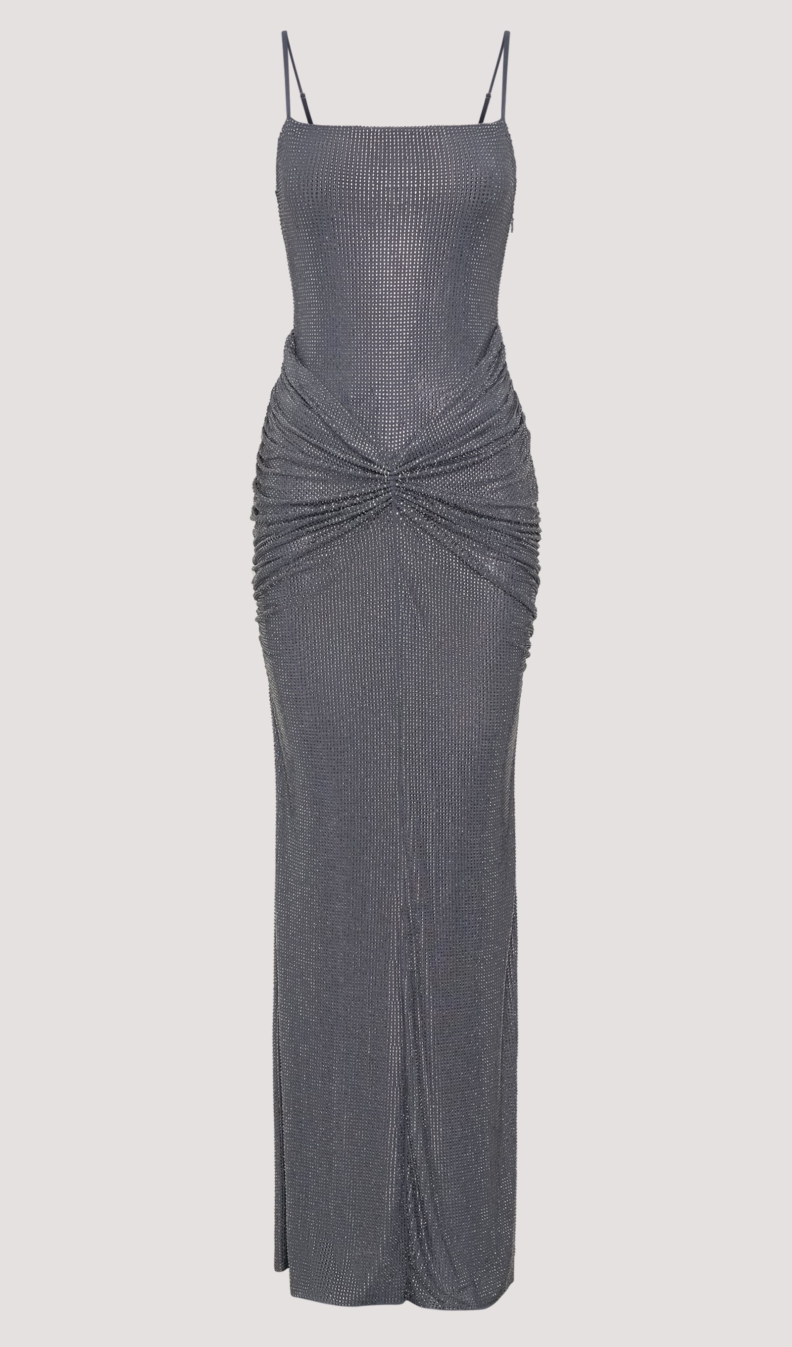 Metalik Gümüş Renginde Diamante Saten Uzun Elbise