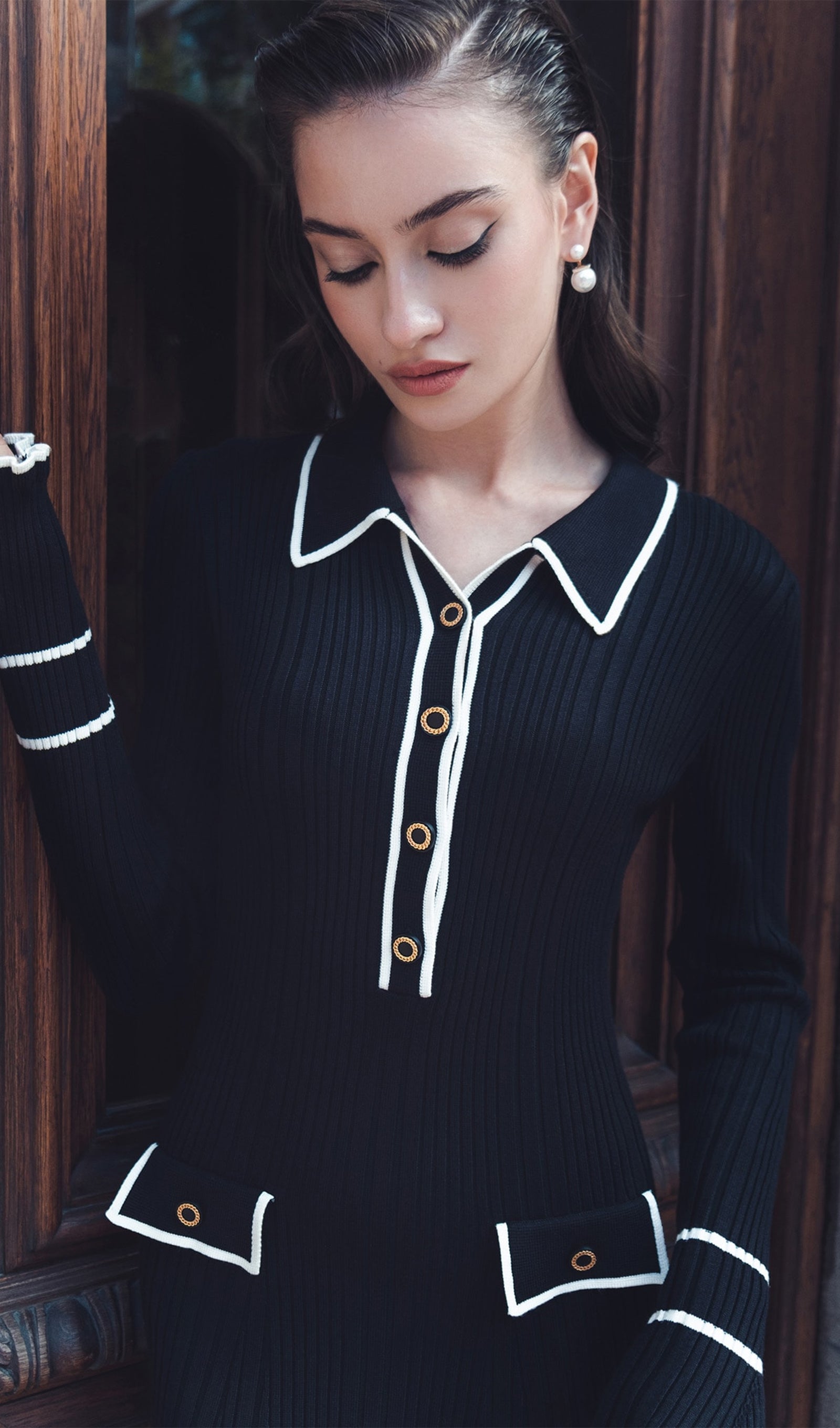 Dar Kesimli Kaburga Örgü Midi Elbise - Siyah