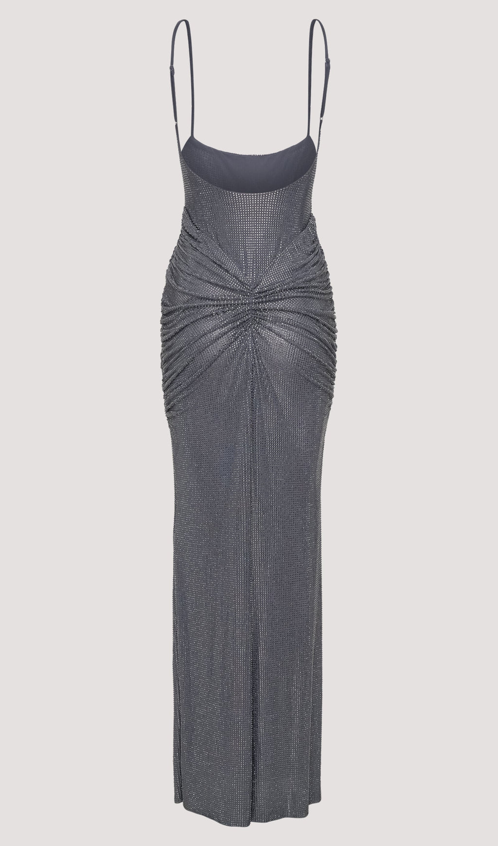 Metalik Gümüş Renginde Diamante Saten Uzun Elbise