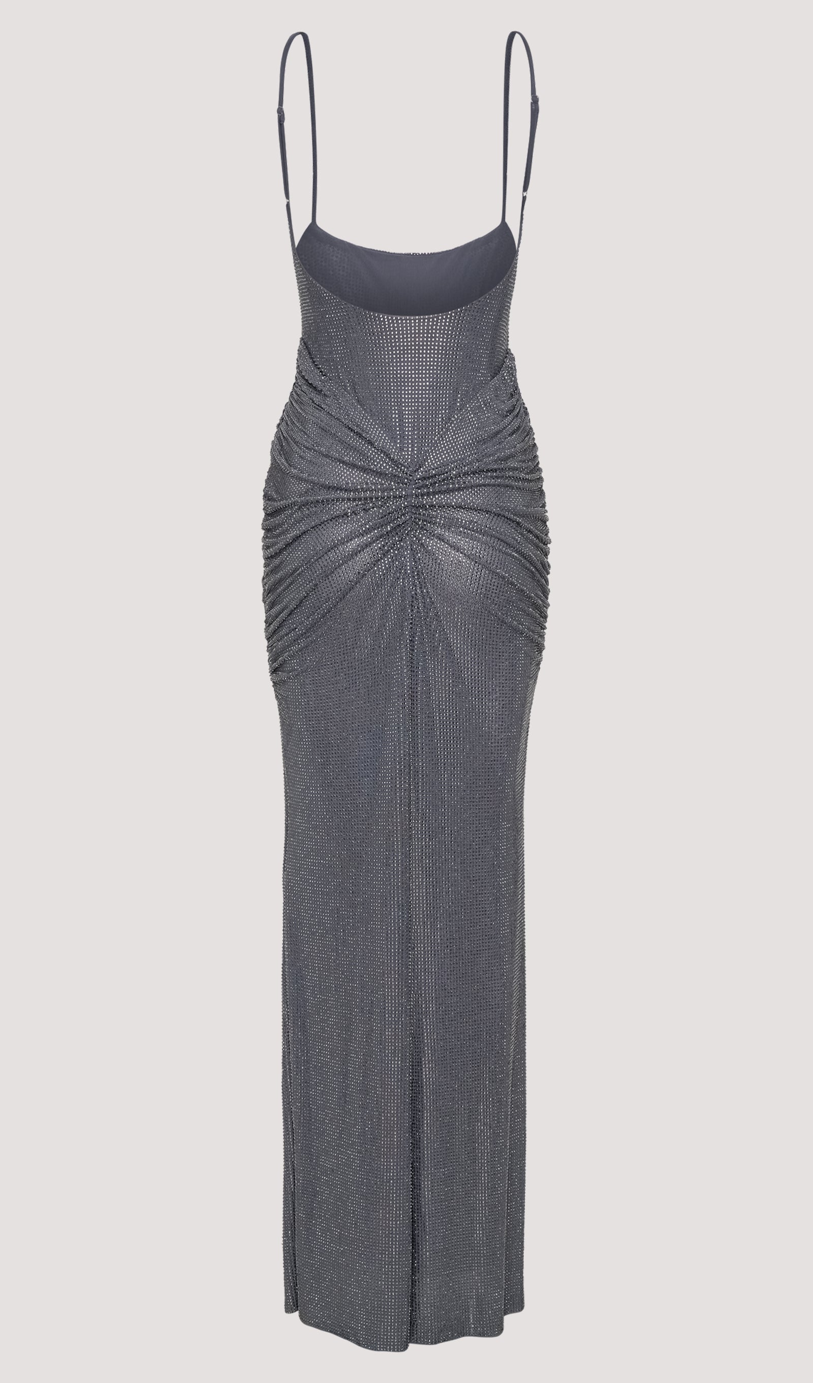 Metalik Gümüş Renginde Diamante Saten Uzun Elbise