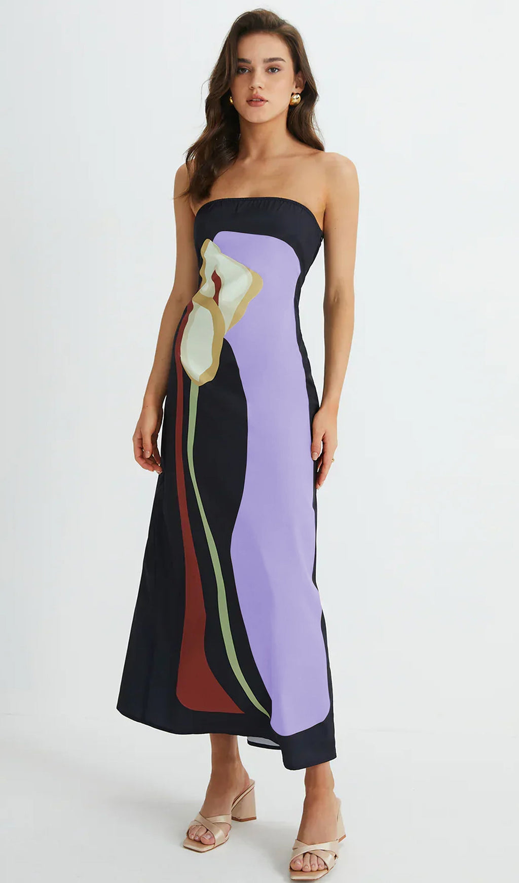 Mor Omuzdan Bağlamalı Baskılı Yazlık Midi Elbise