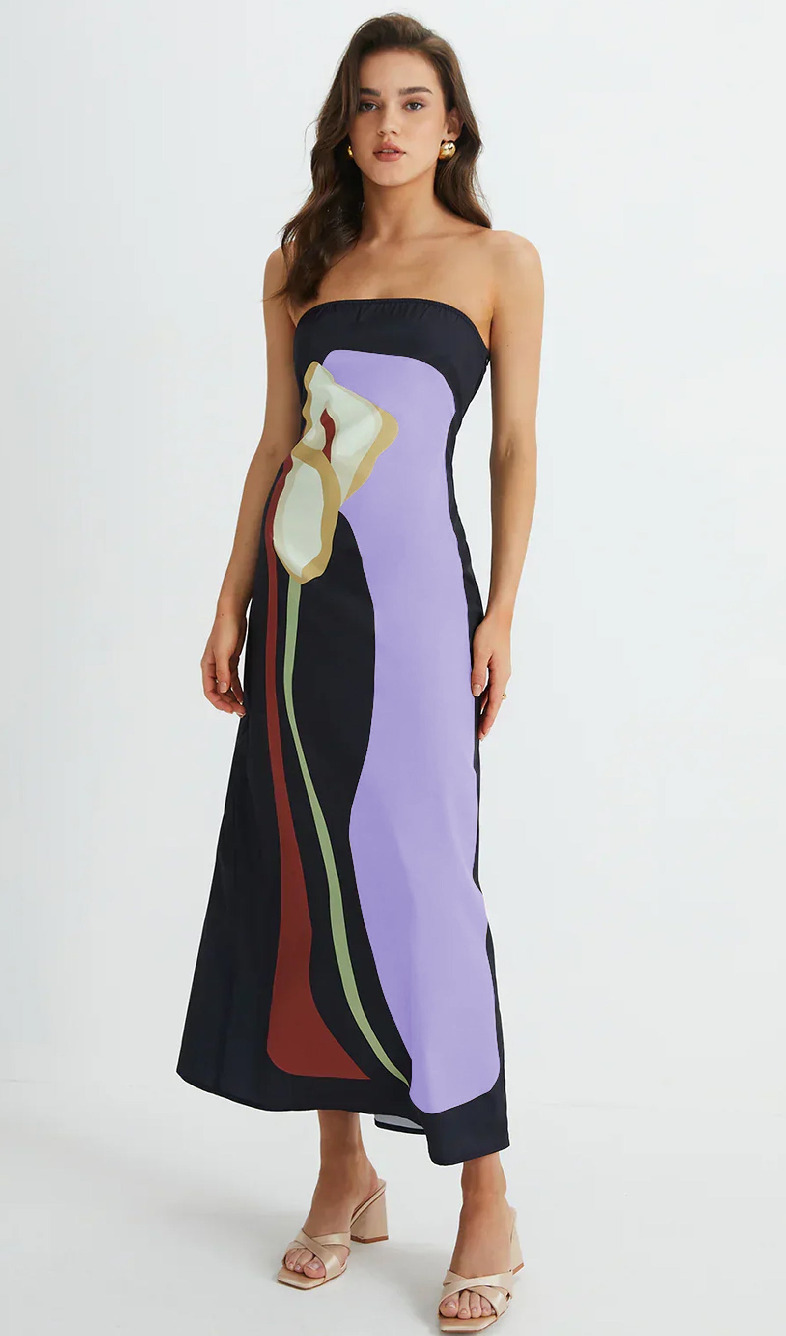 Mor Omuzdan Bağlamalı Baskılı Yazlık Midi Elbise