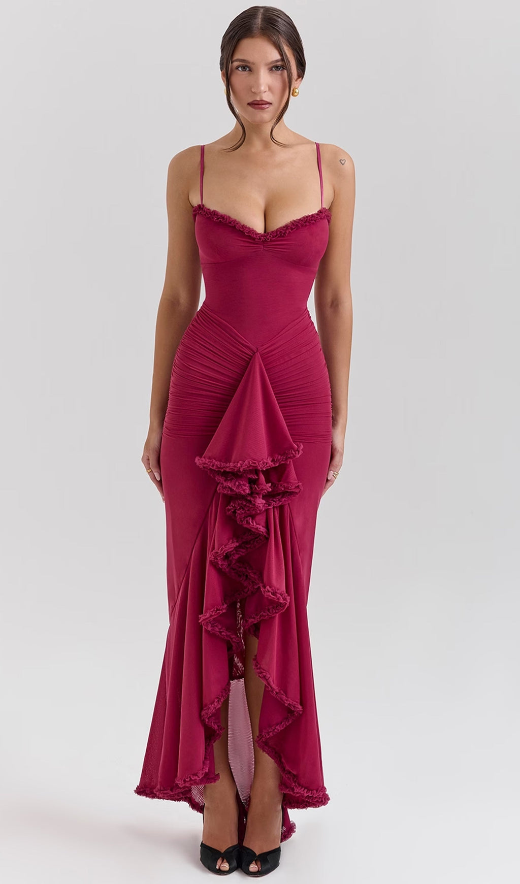 Bordo Fileli Önden Fırfırlı Uzun Elbise