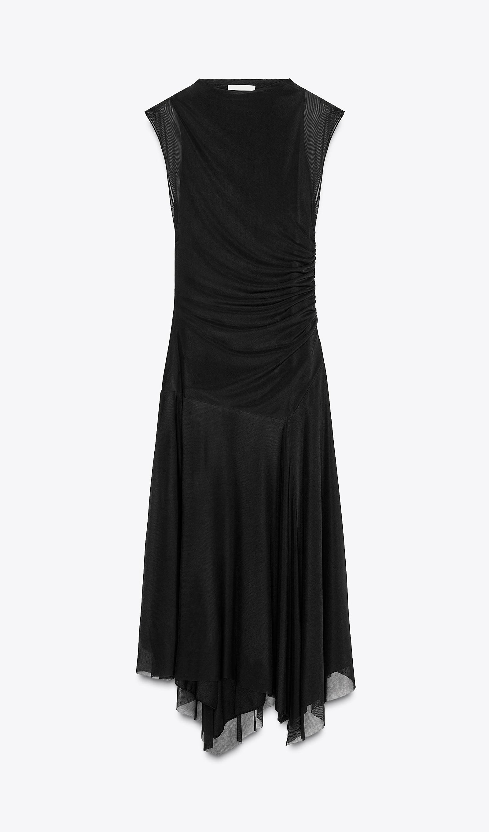 Siyah Büzgülü Tül Midi Elbise