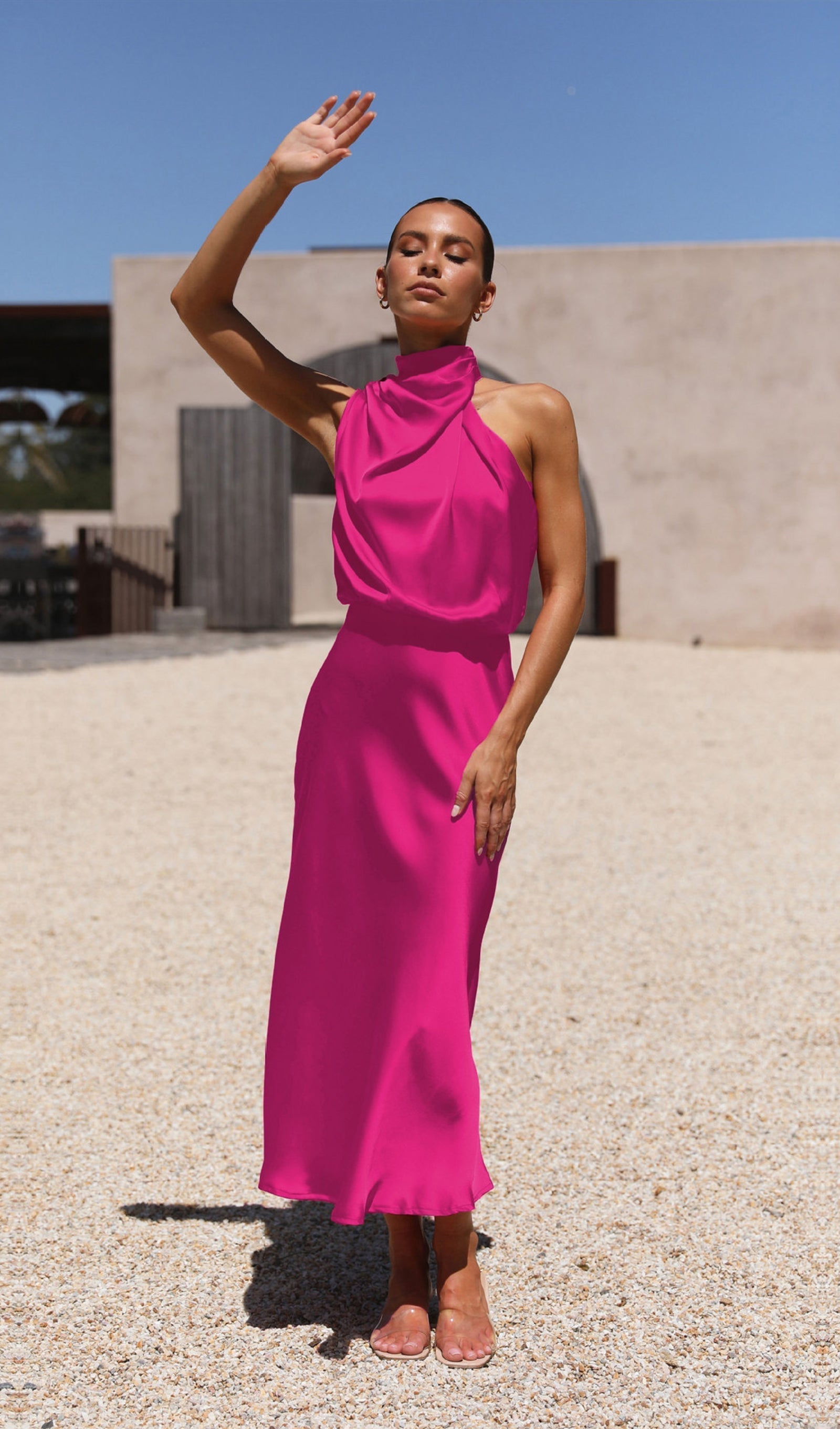 Asimetrik Saten Midi Elbise Gül Kırmızısı