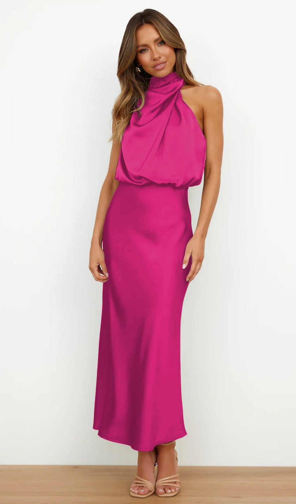 Asimetrik Saten Midi Elbise Gül Kırmızısı