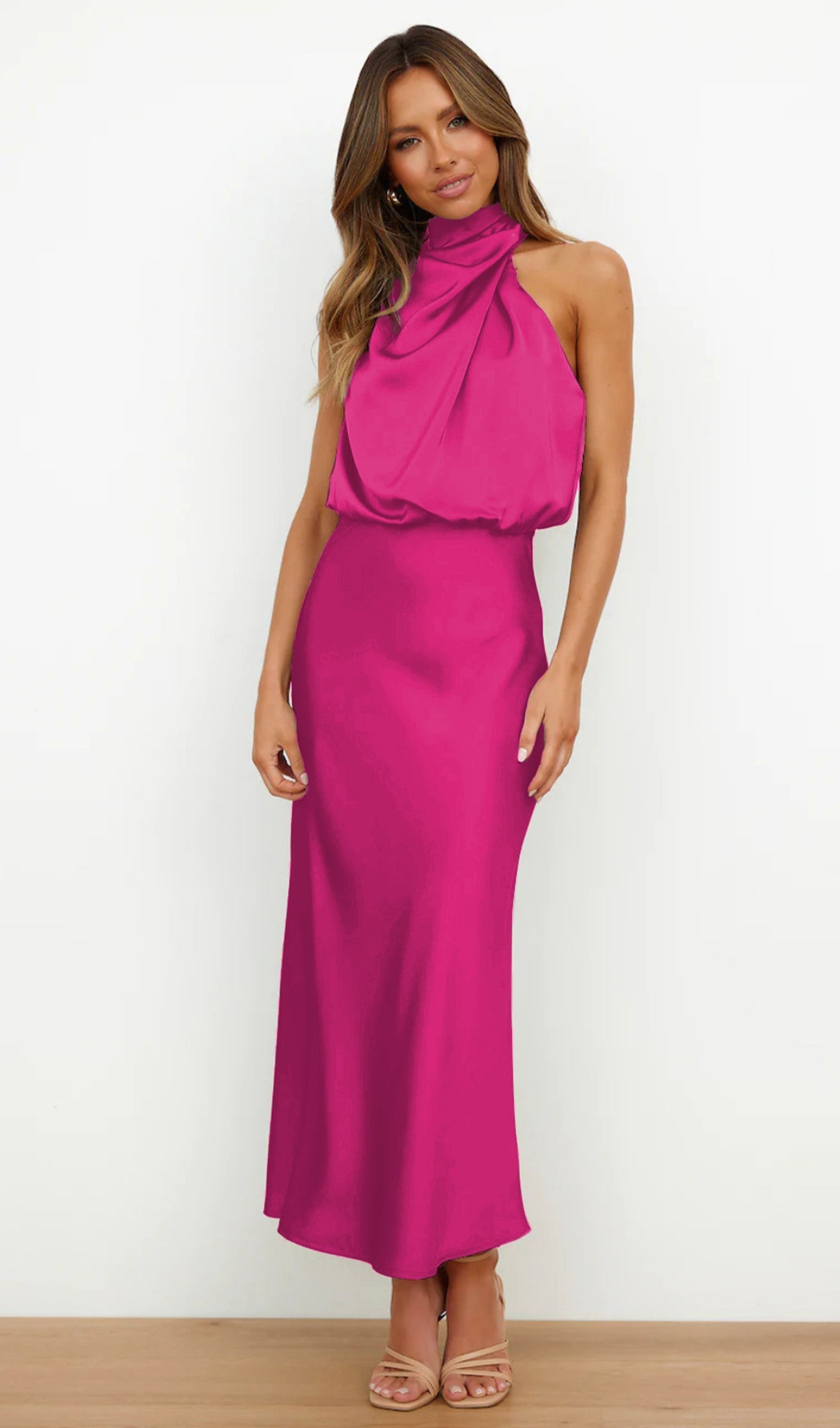 Asimetrik Saten Midi Elbise Gül Kırmızısı