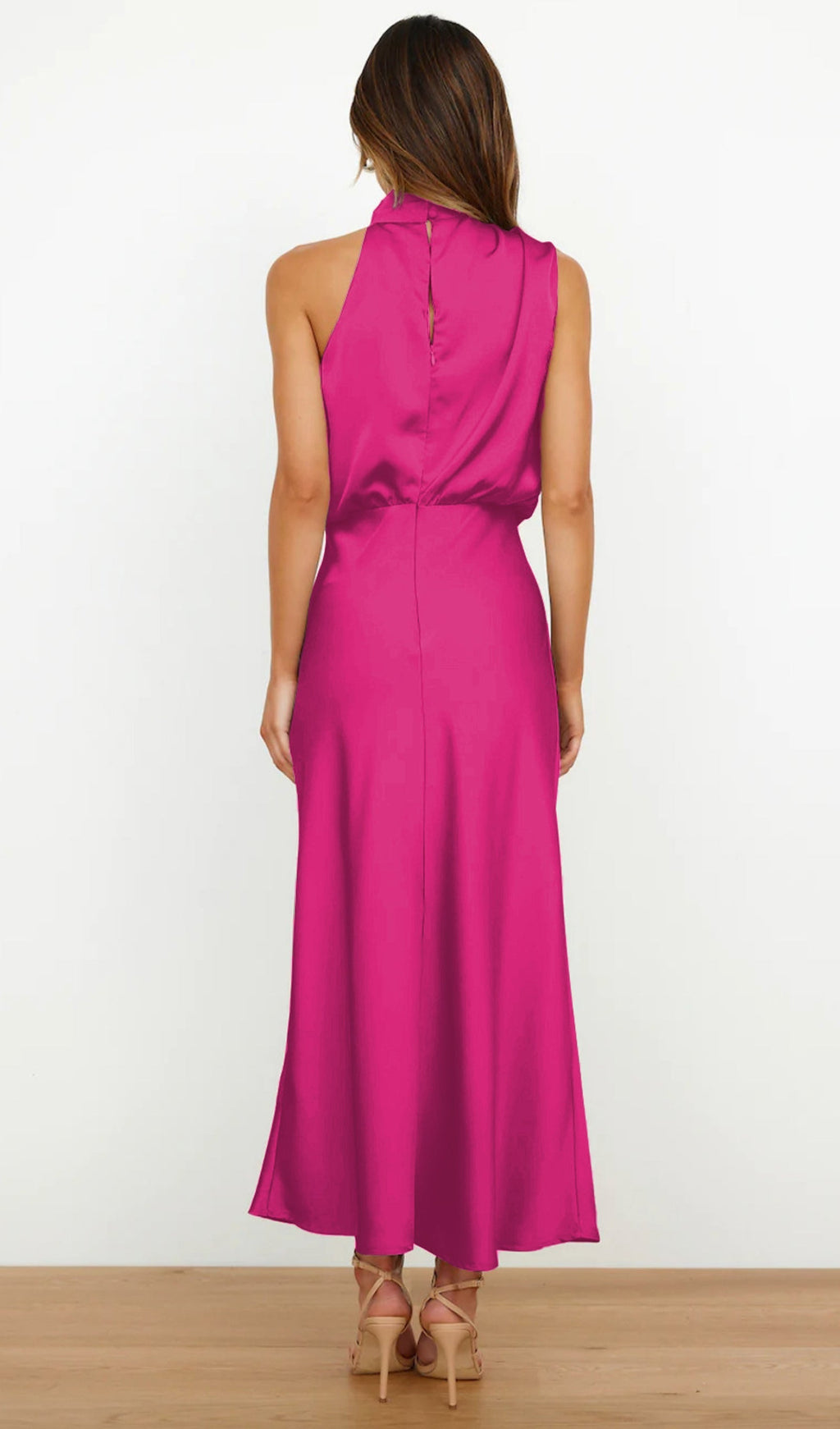 Asimetrik Saten Midi Elbise Gül Kırmızısı