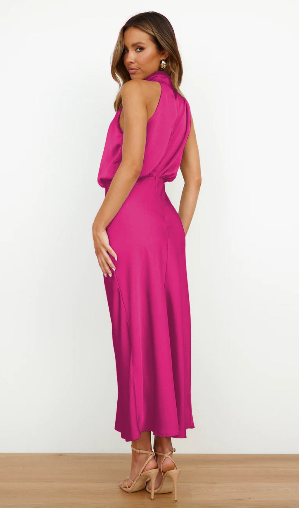 Asimetrik Saten Midi Elbise Gül Kırmızısı