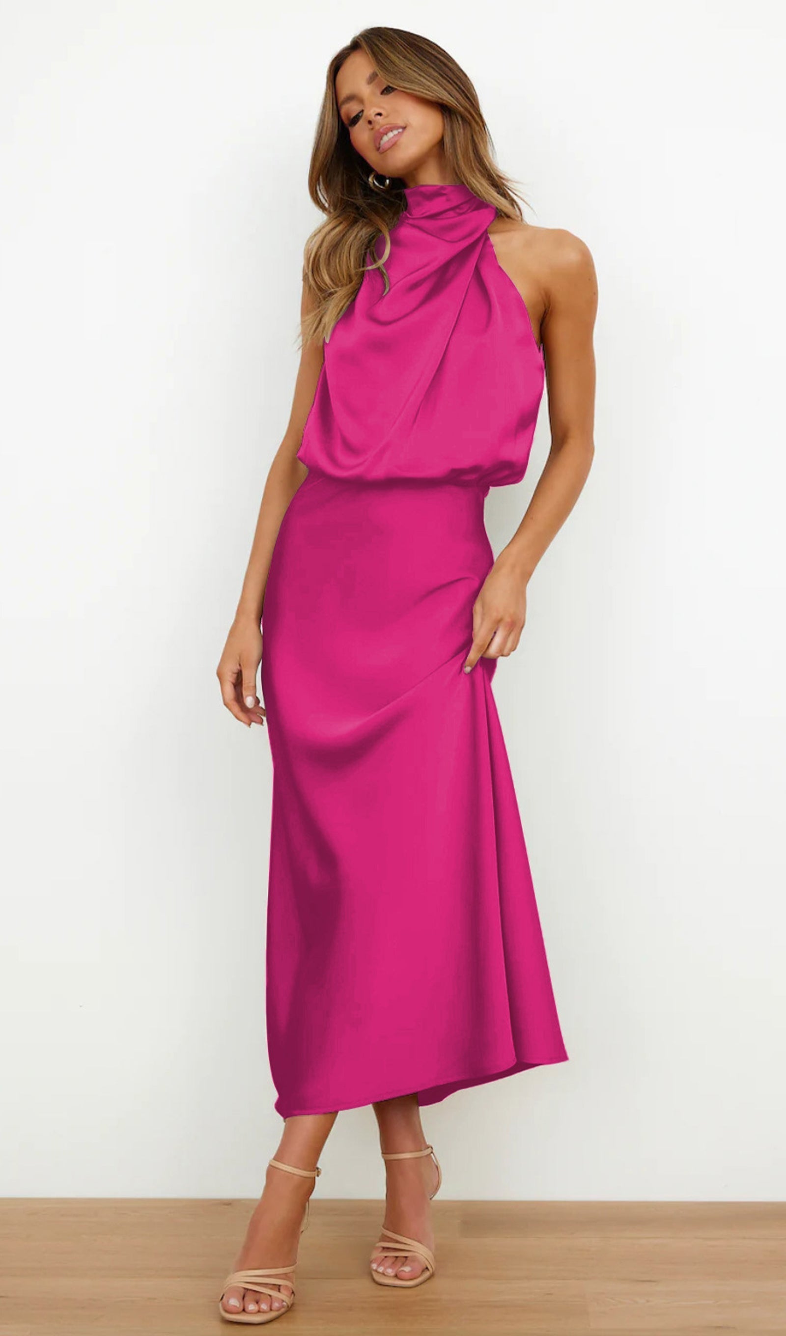 Asimetrik Saten Midi Elbise Gül Kırmızısı