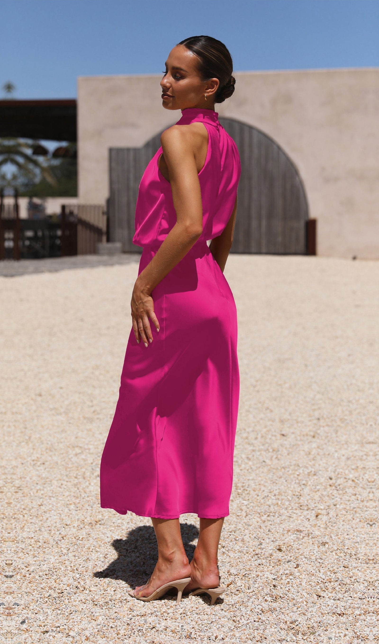 Asimetrik Saten Midi Elbise Gül Kırmızısı