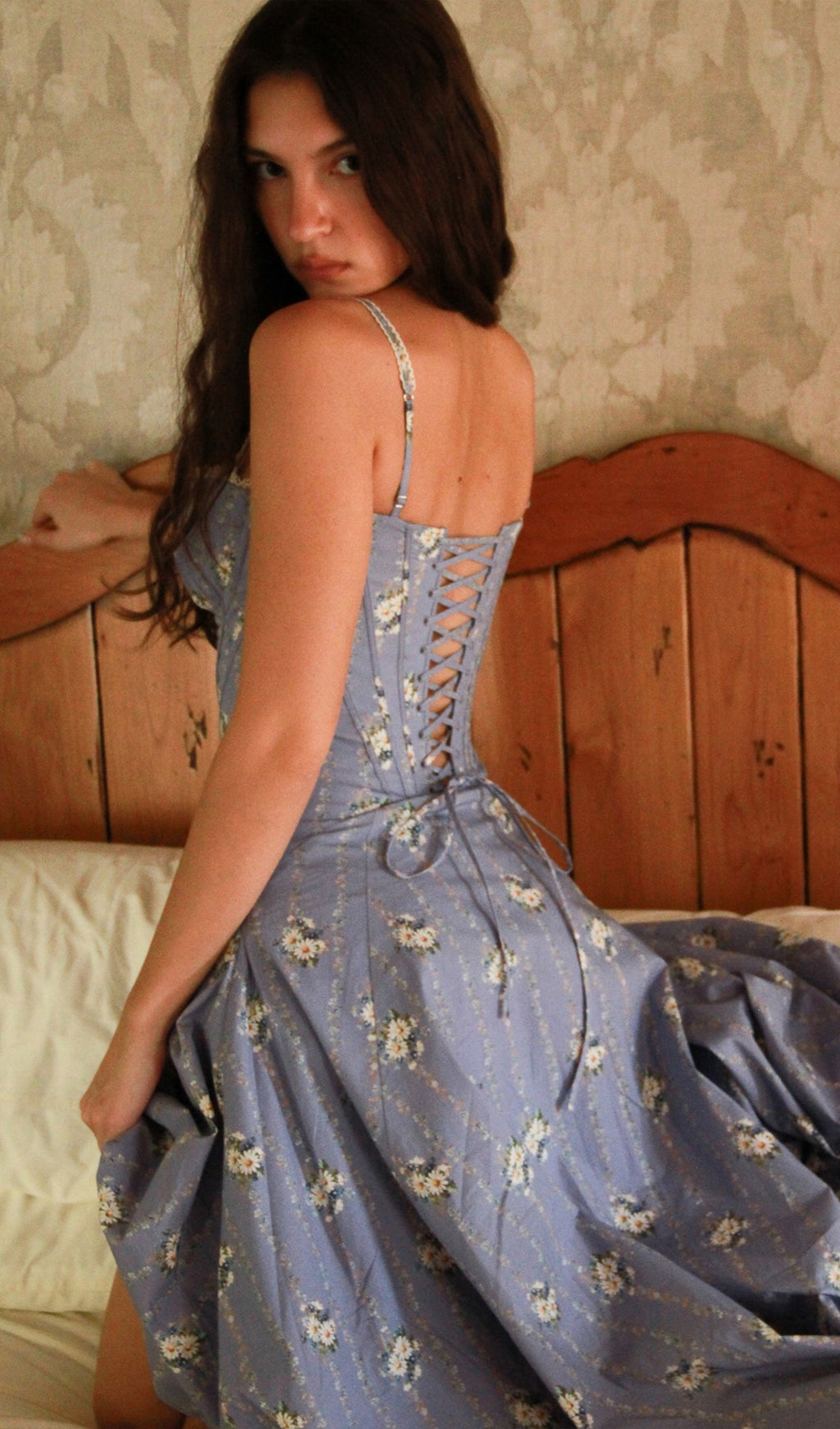 Mavi Çiçekli Streç Pamuklu Midi Elbise