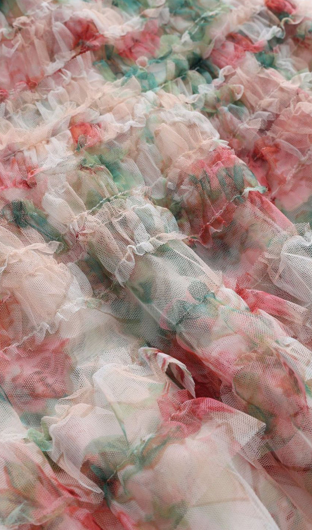 Omuz Açık Çiçekli Volanlı File Uzun Elbise