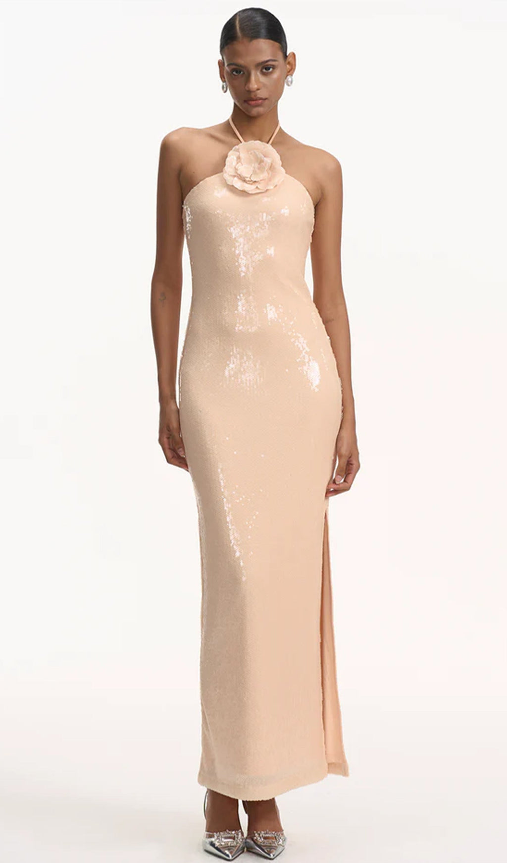 Çiçekli Askılı Payetli Uzun Elbise