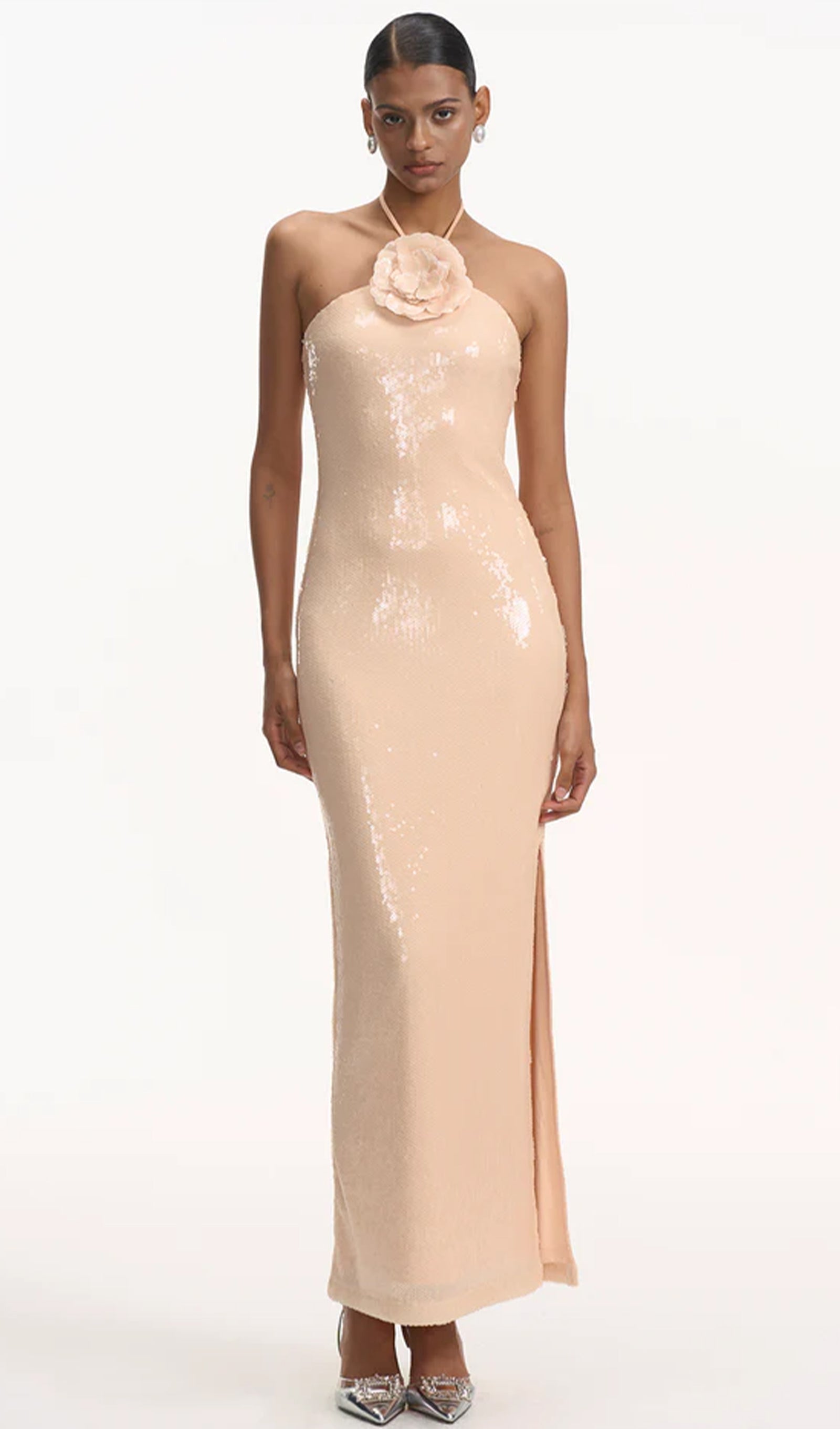 Çiçekli Askılı Payetli Uzun Elbise