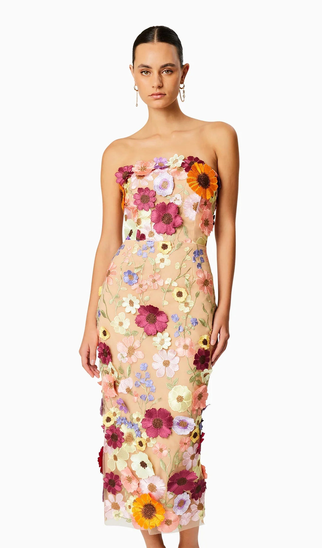 Çiçek İşlemeli Kolsuz Midi Elbise