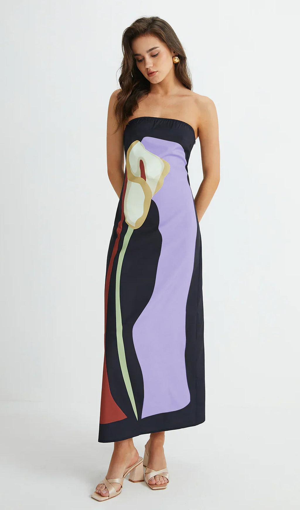 Mor Omuzdan Bağlamalı Baskılı Yazlık Midi Elbise