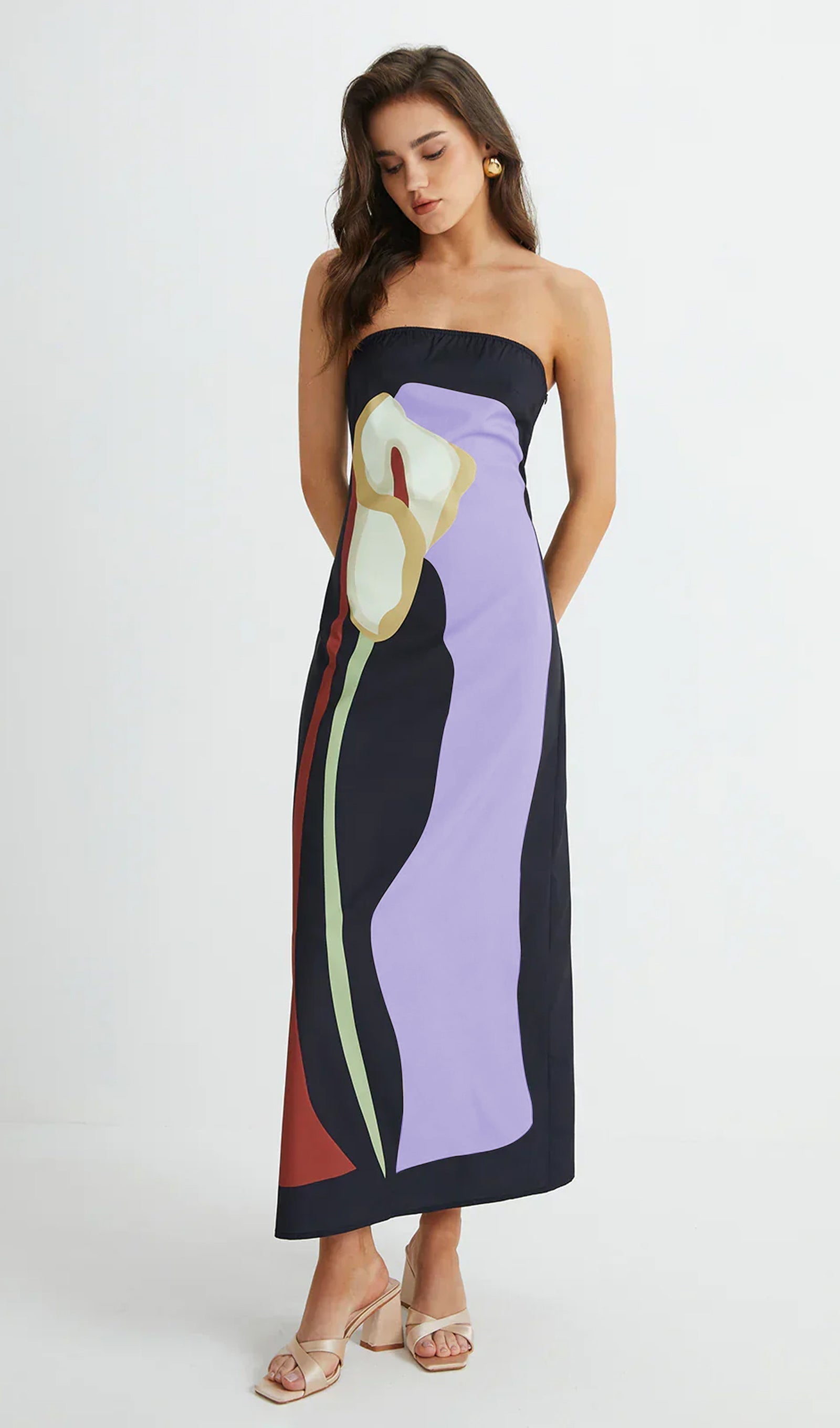 Mor Omuzdan Bağlamalı Baskılı Yazlık Midi Elbise