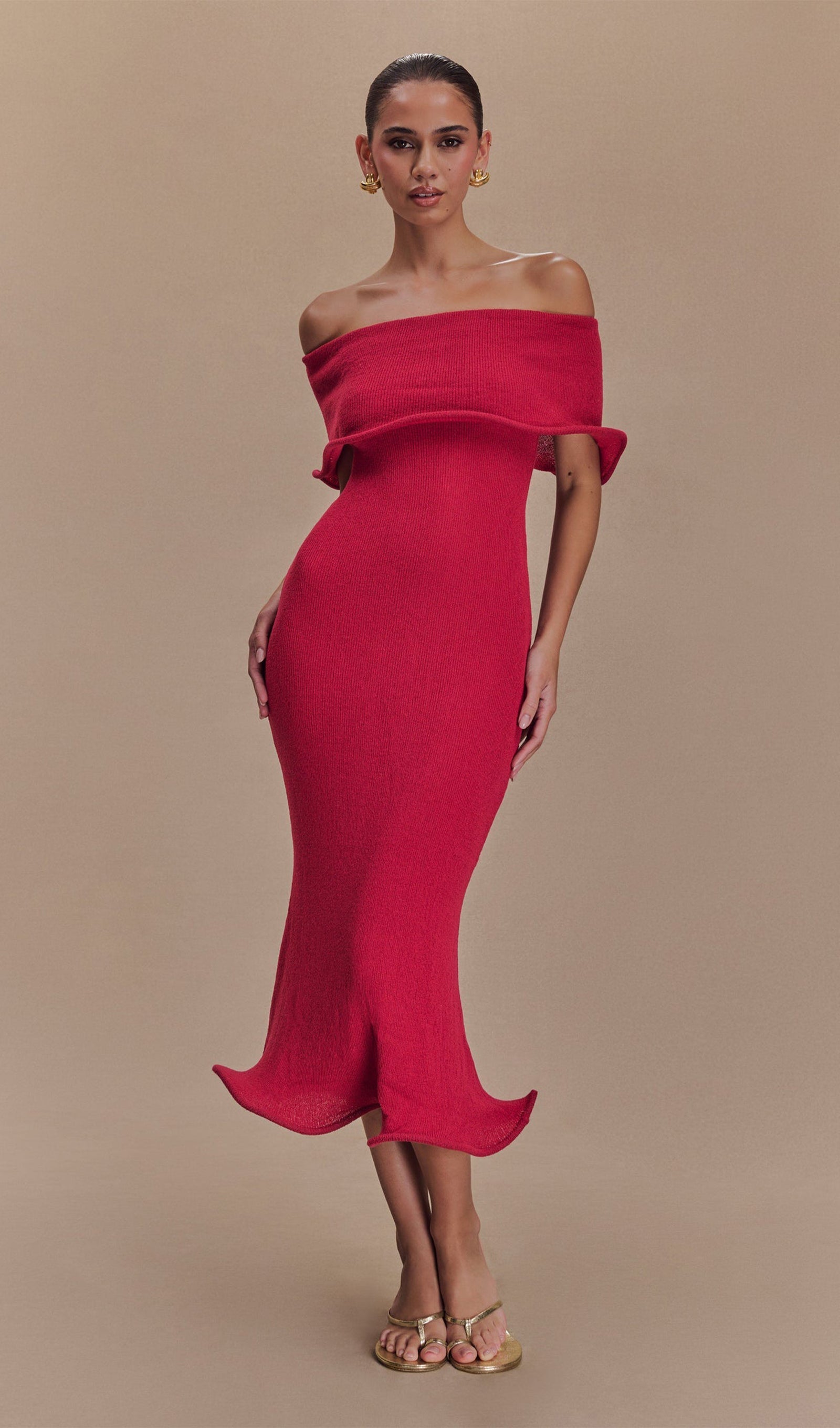 Omuz Açık Örgü Midi Elbise