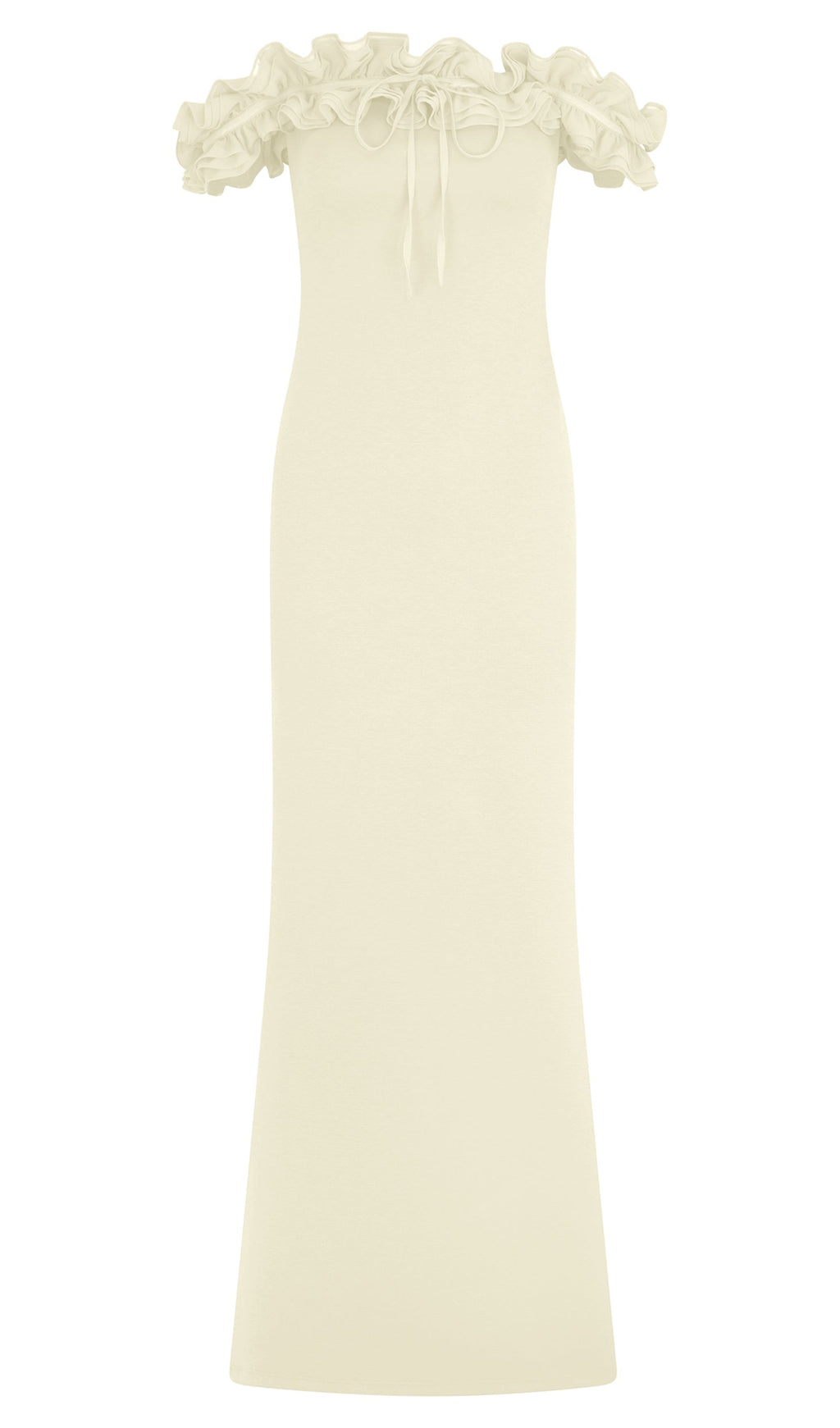 Volanlı Omuz Açık Maksi Elbise