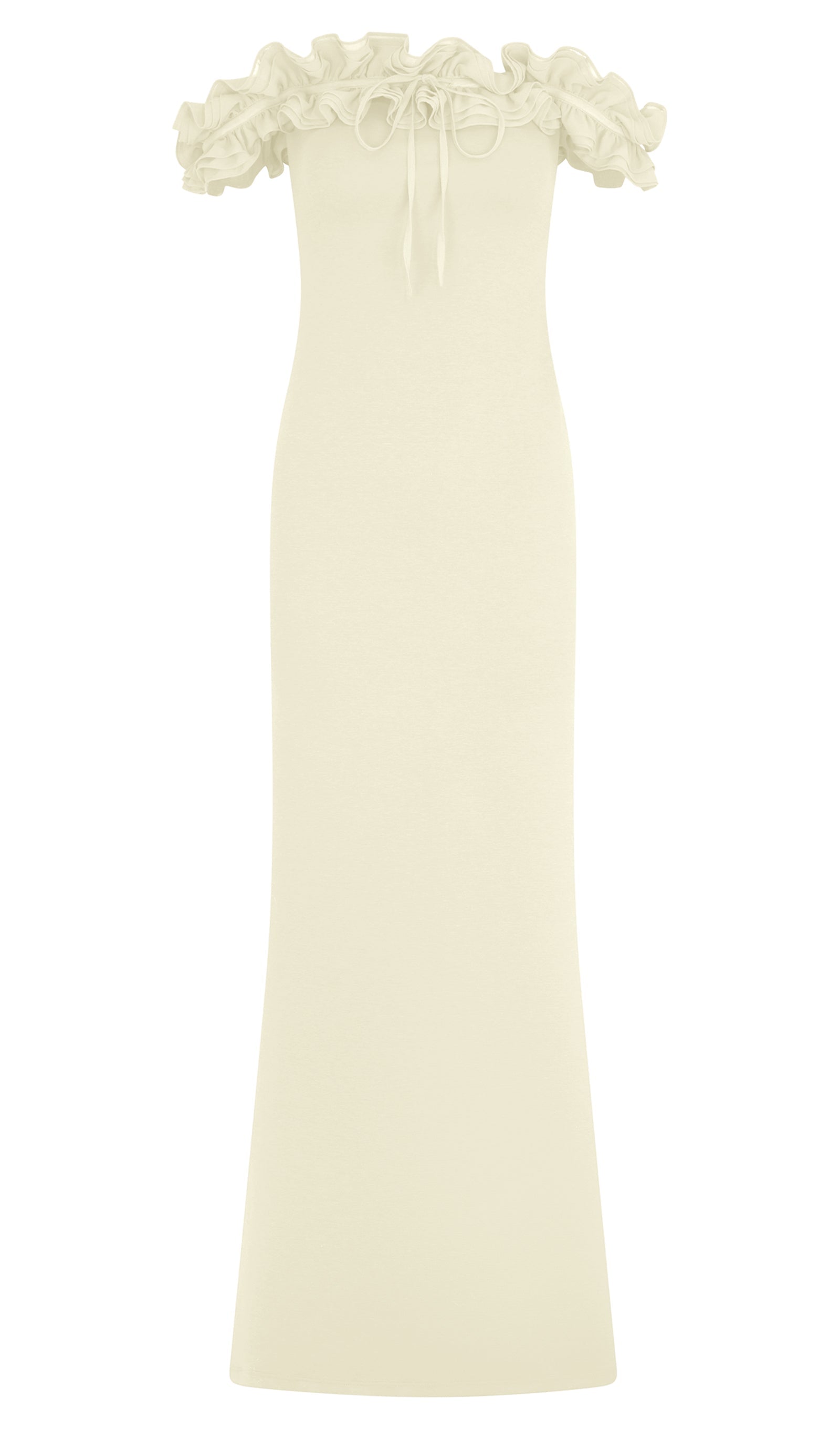 Volanlı Omuz Açık Maksi Elbise