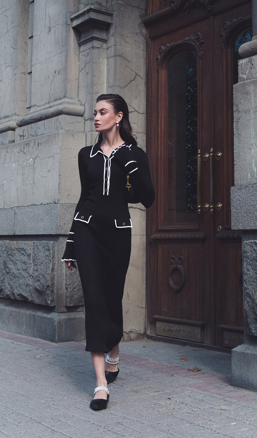 Dar Kesimli Kaburga Örgü Midi Elbise - Siyah