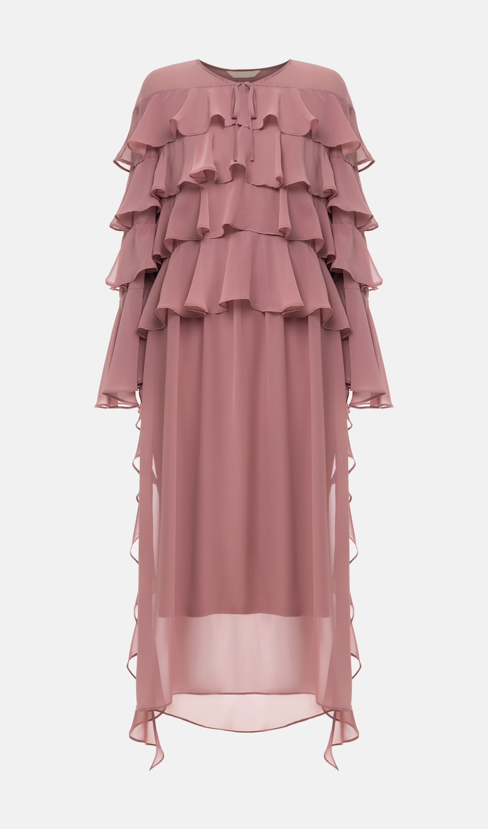 Pembe Volanlı Uzun Elbise