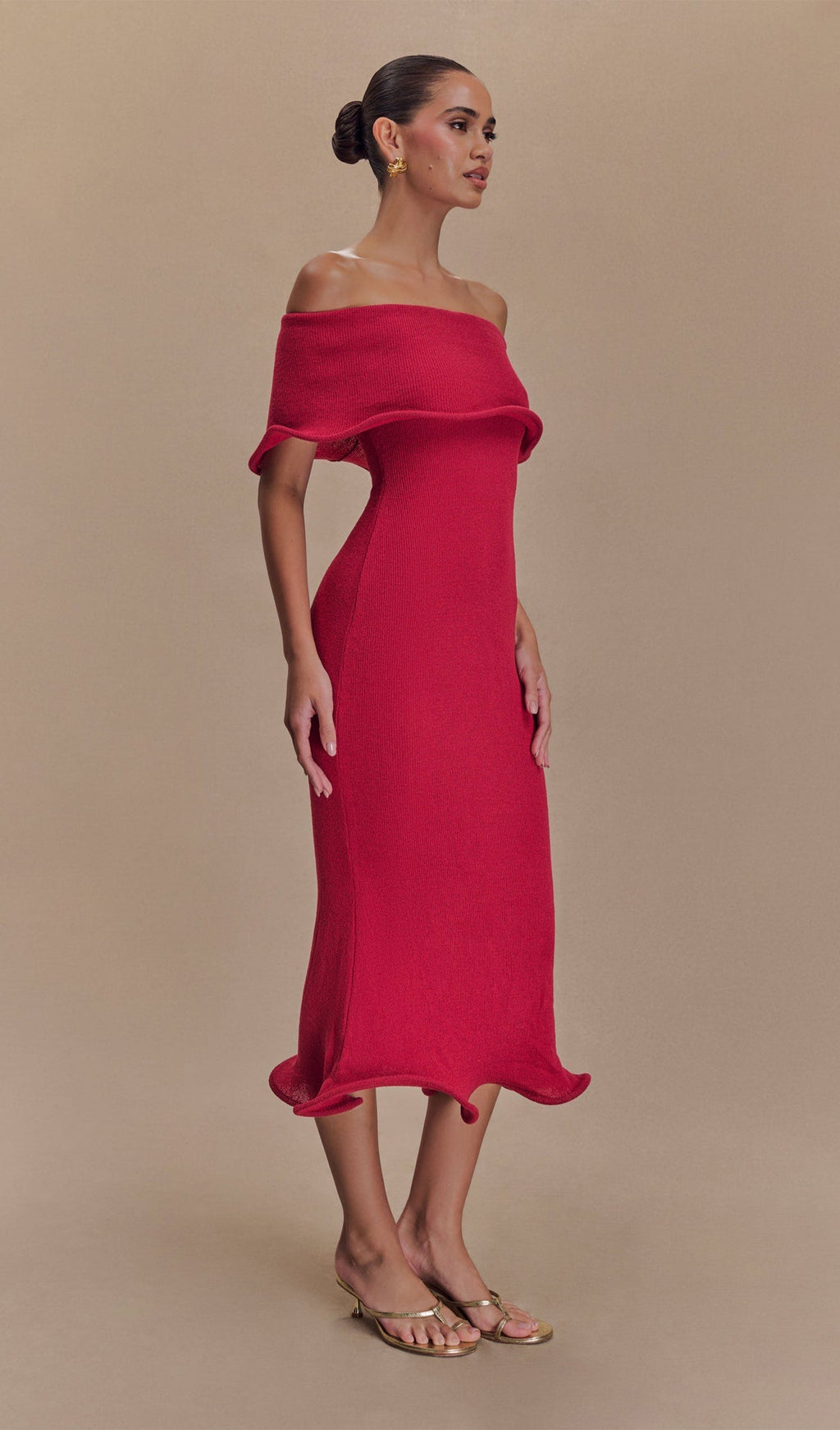 Omuz Açık Örgü Midi Elbise