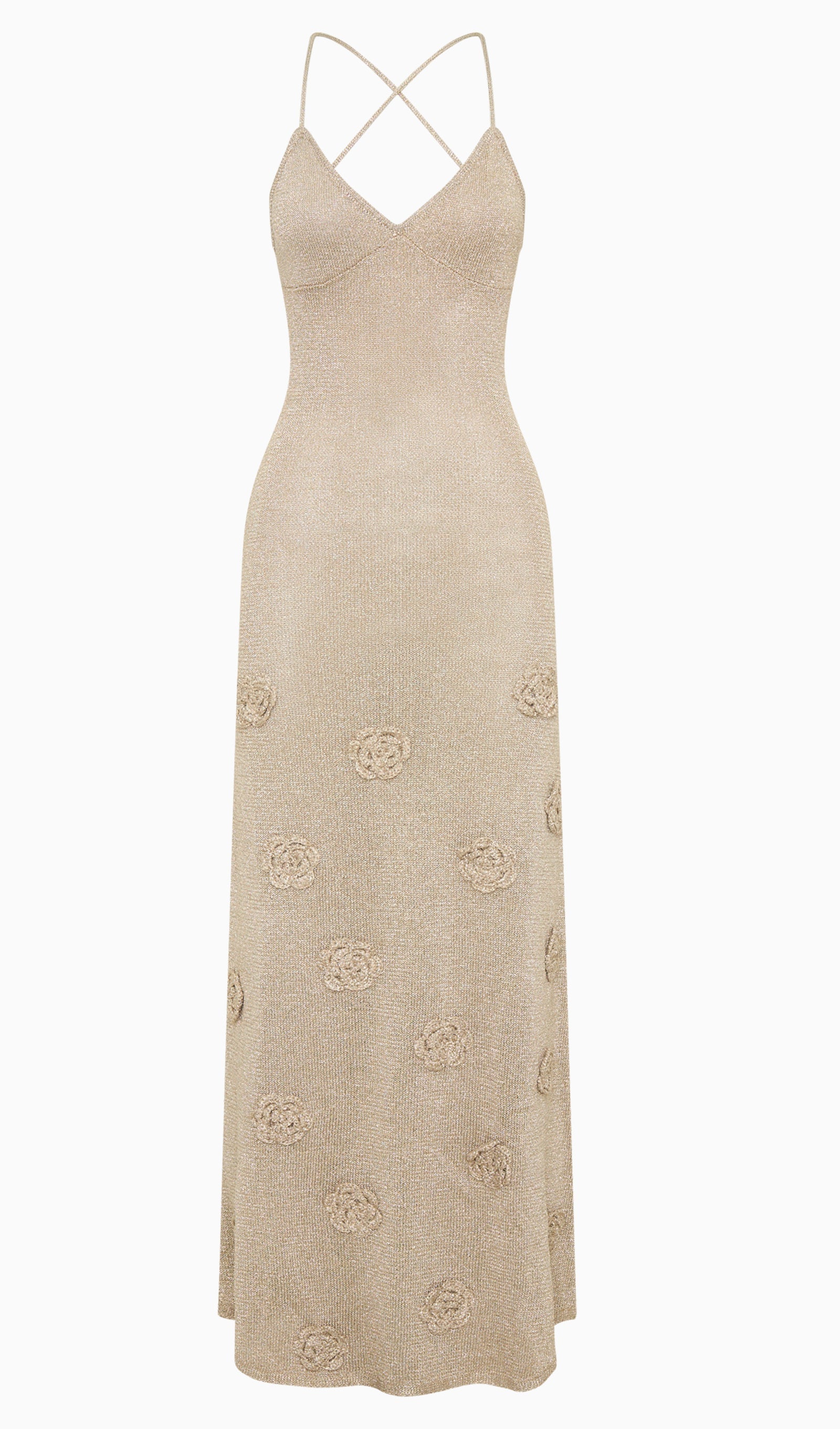 Çiçekli Örme Uzun Elbise - Altın