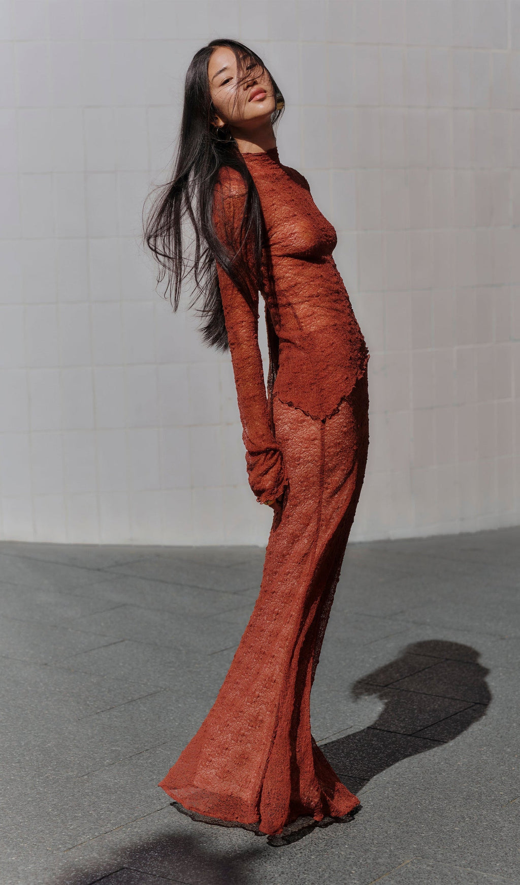 Kırmızı Şeffaf Dantel Üst Ve Uzun Etek Takımları