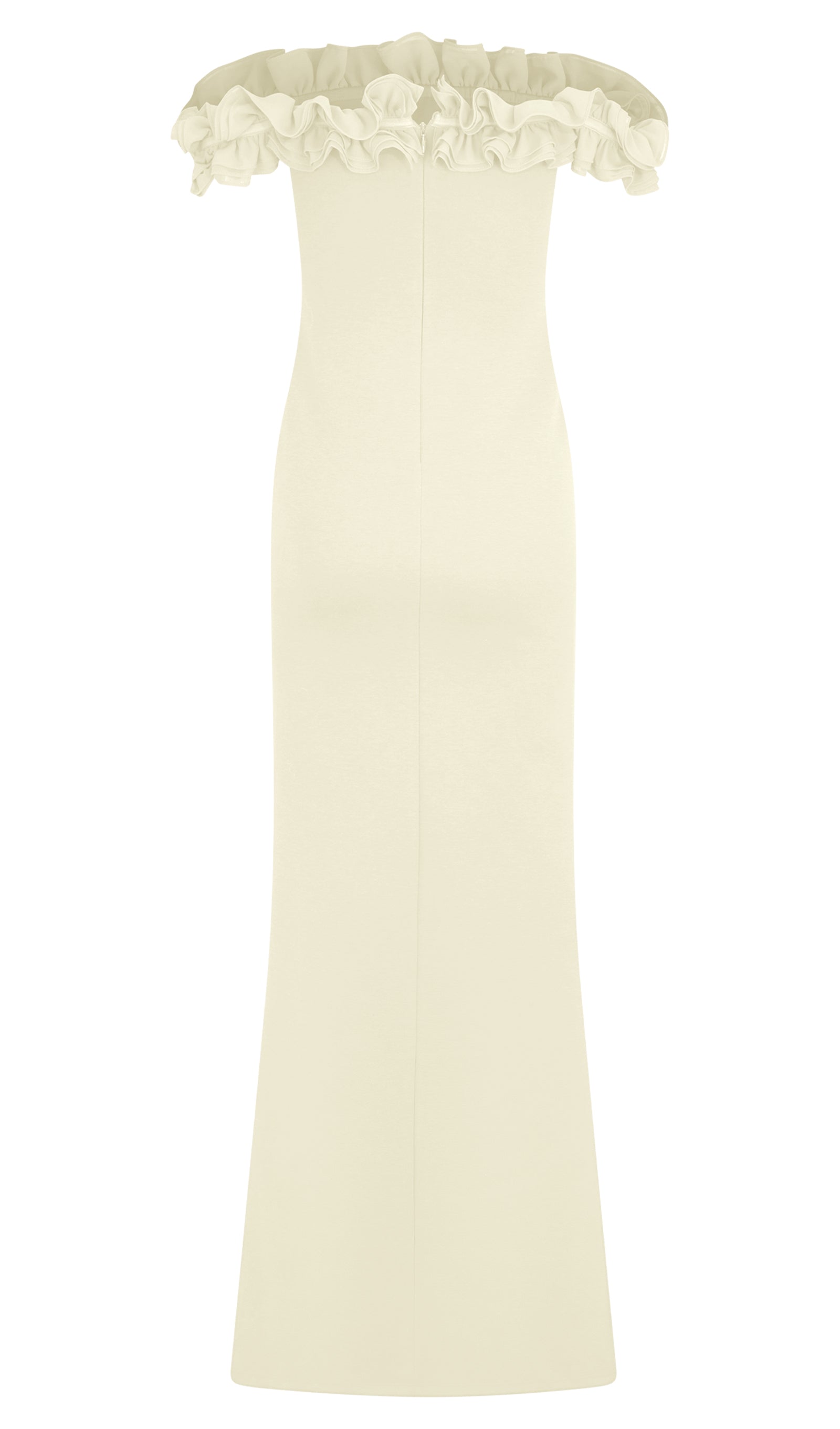 Volanlı Omuz Açık Maksi Elbise