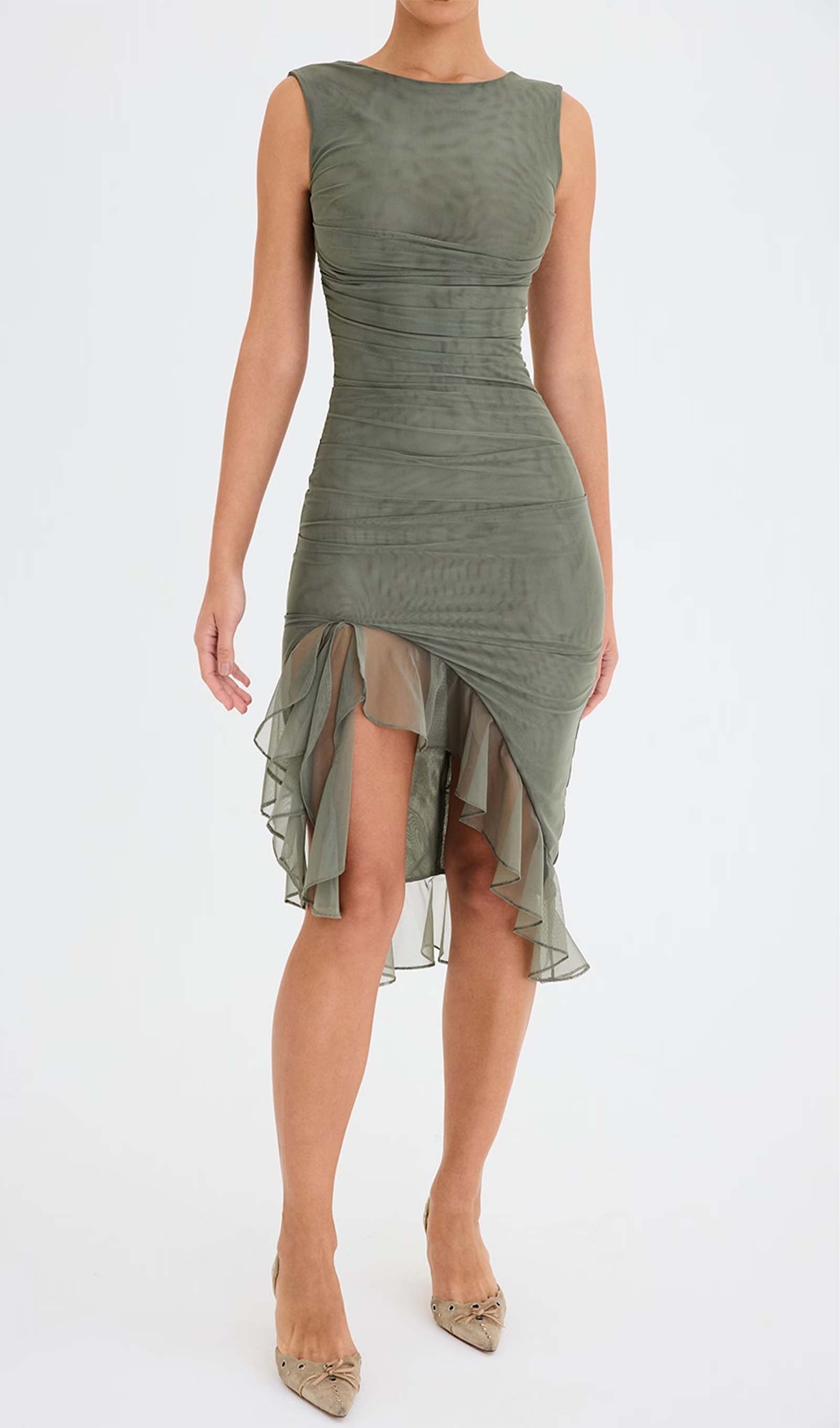 File Kolsuz Volanlı Midi Elbise