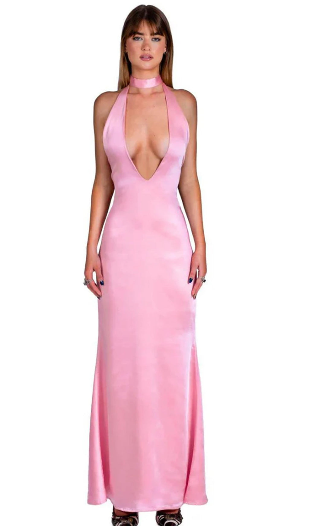 Derin V Yaka Saten Uzun Elbise