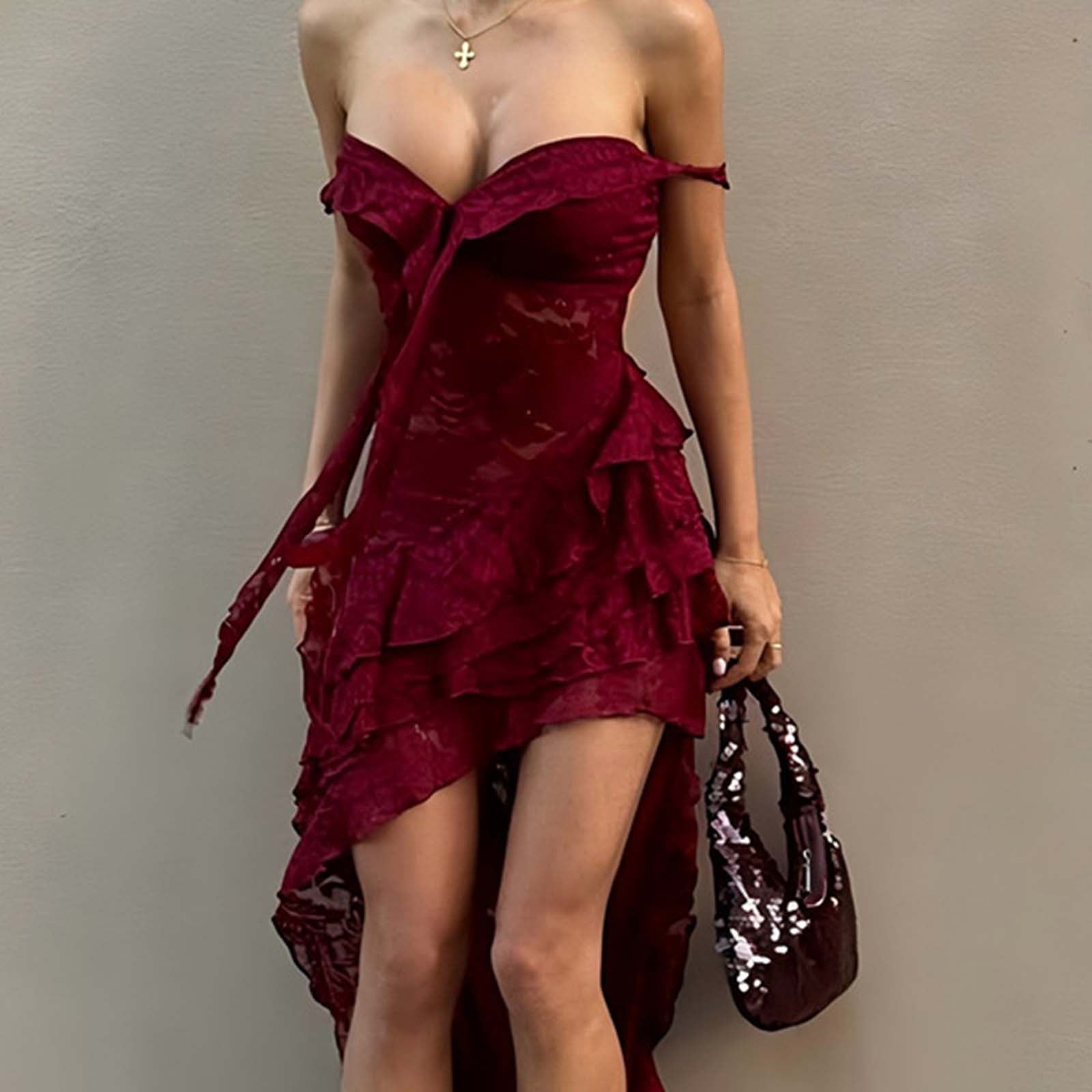 Bordo Renkte Asimetri Etek Ucu Dantelli Fırfırlı Elbise