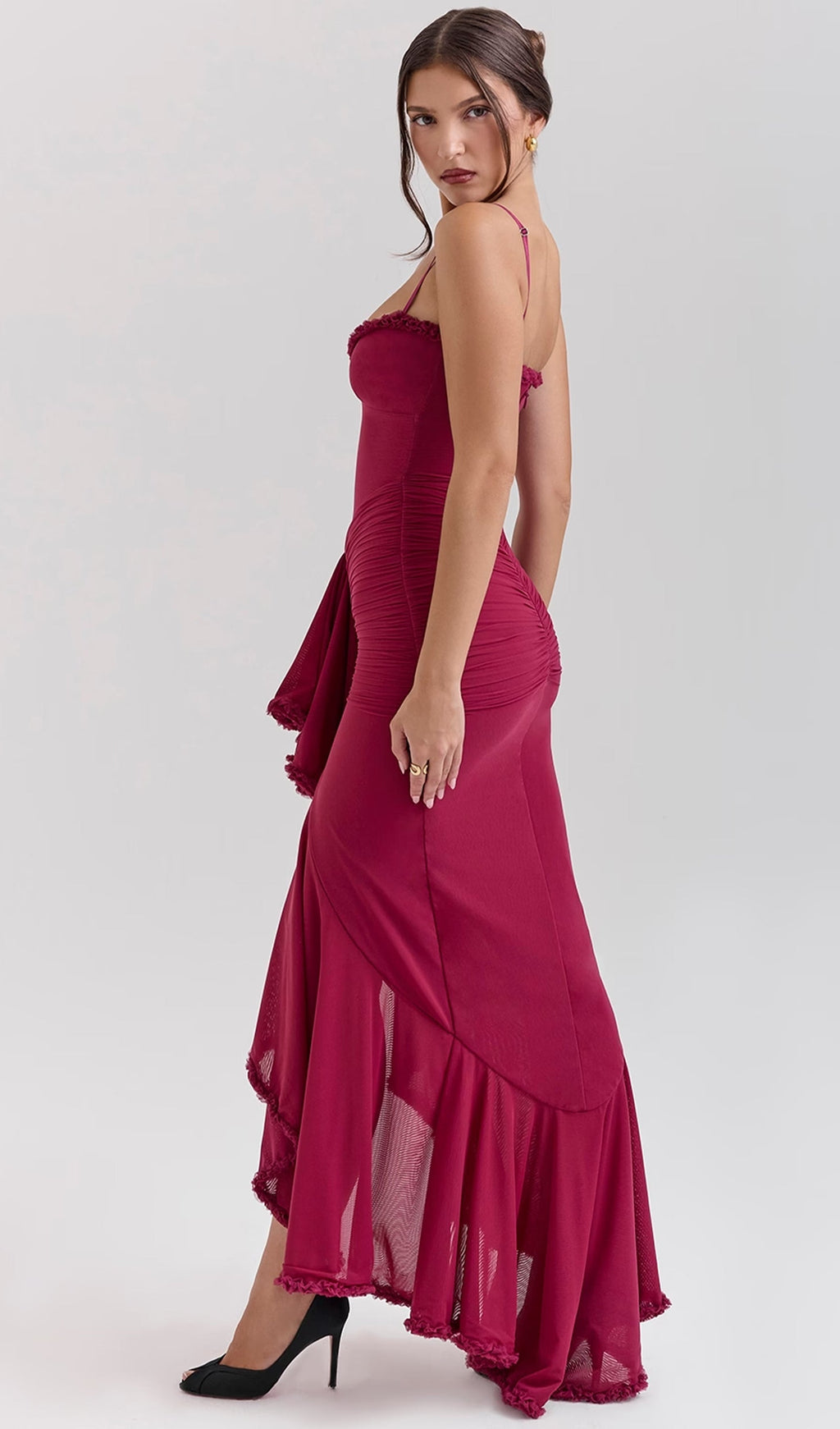 Bordo Fileli Önden Fırfırlı Uzun Elbise