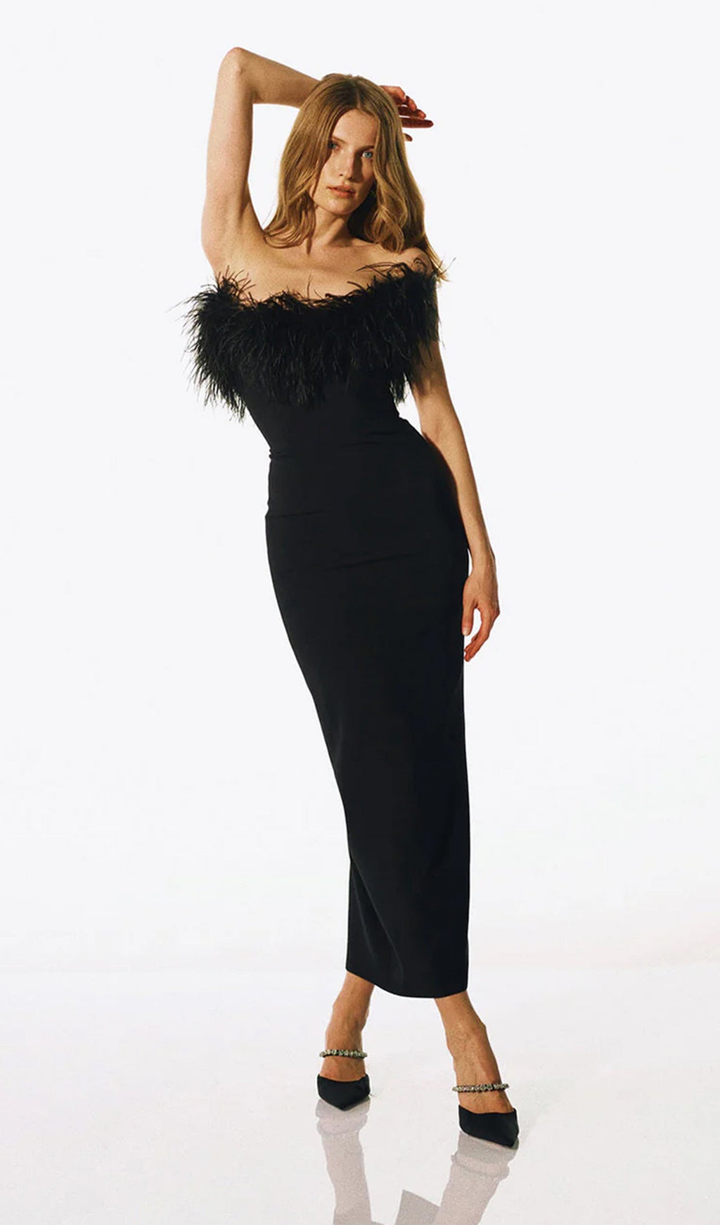 Lena Tüylü Midi Elbise Siyah