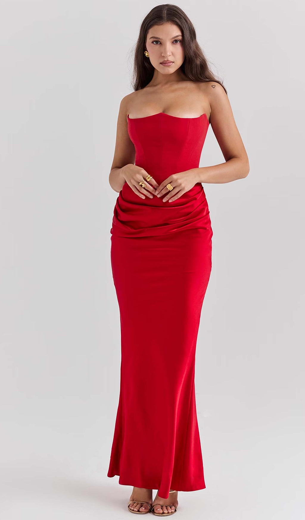 Omuz Açık Saten Uzun Elbise