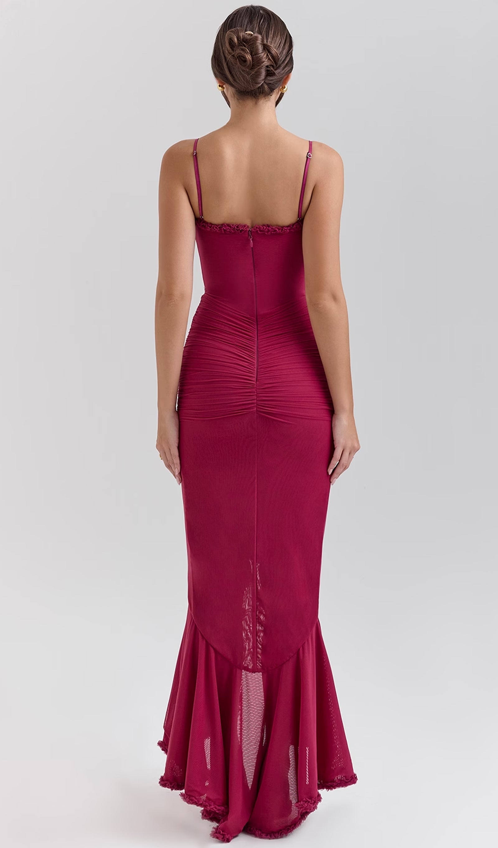 Bordo Fileli Önden Fırfırlı Uzun Elbise