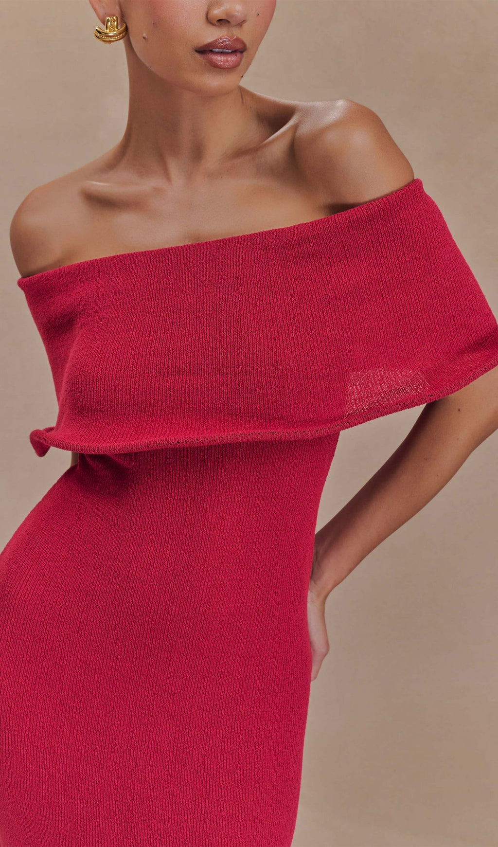 Omuz Açık Örgü Midi Elbise