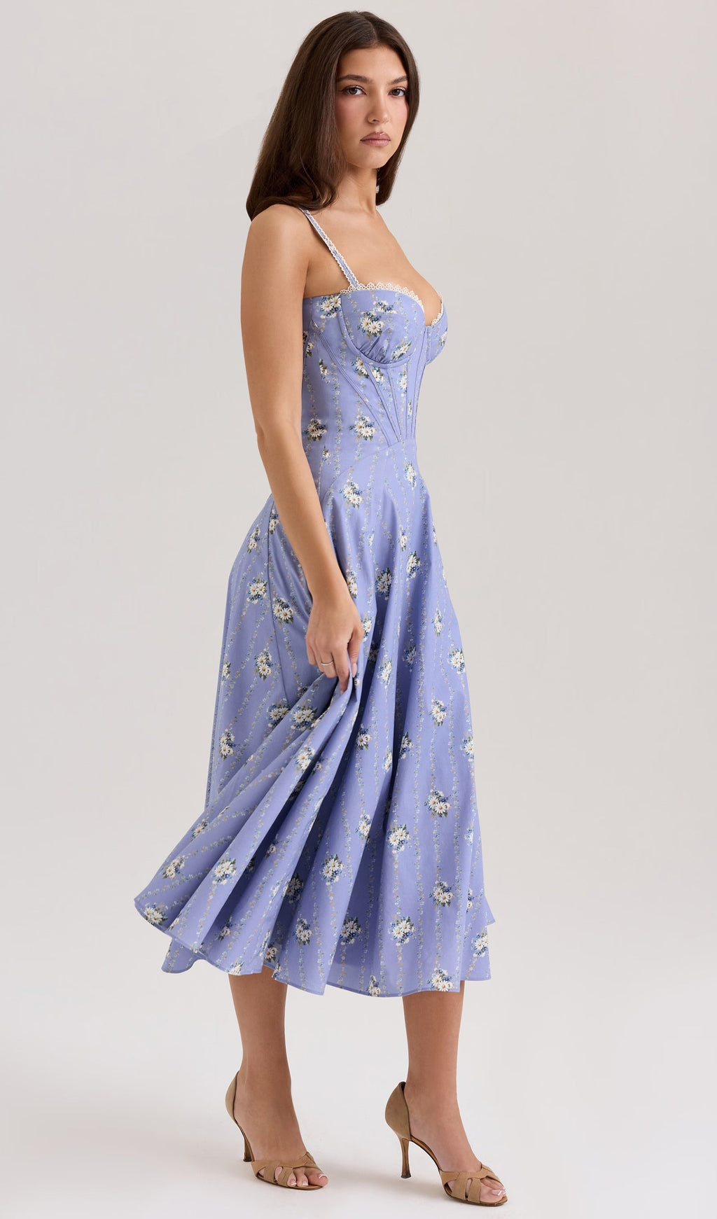 Mavi Çiçekli Streç Pamuklu Midi Elbise