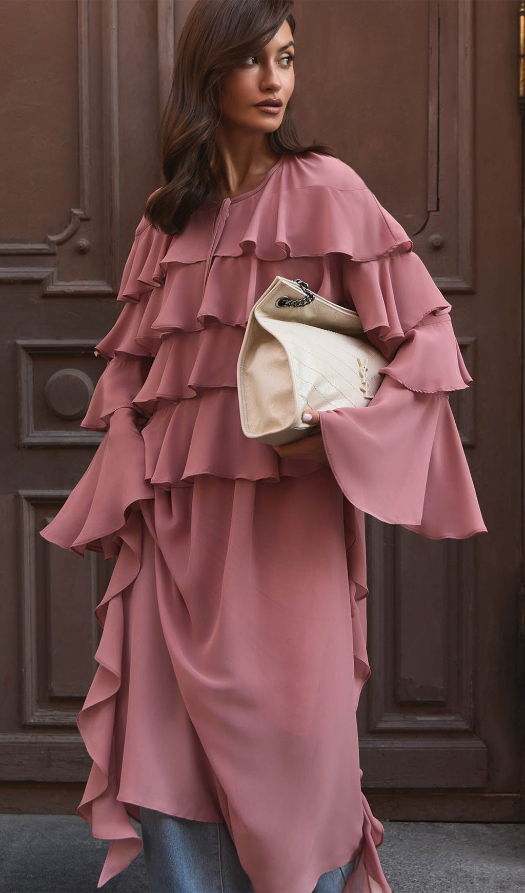 Pembe Volanlı Uzun Elbise