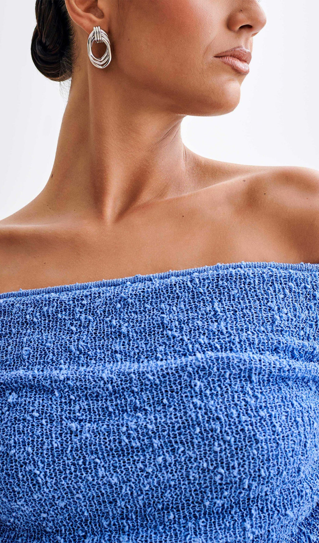 Omuz Açık Mavi Bukle Örgü Mini Elbise