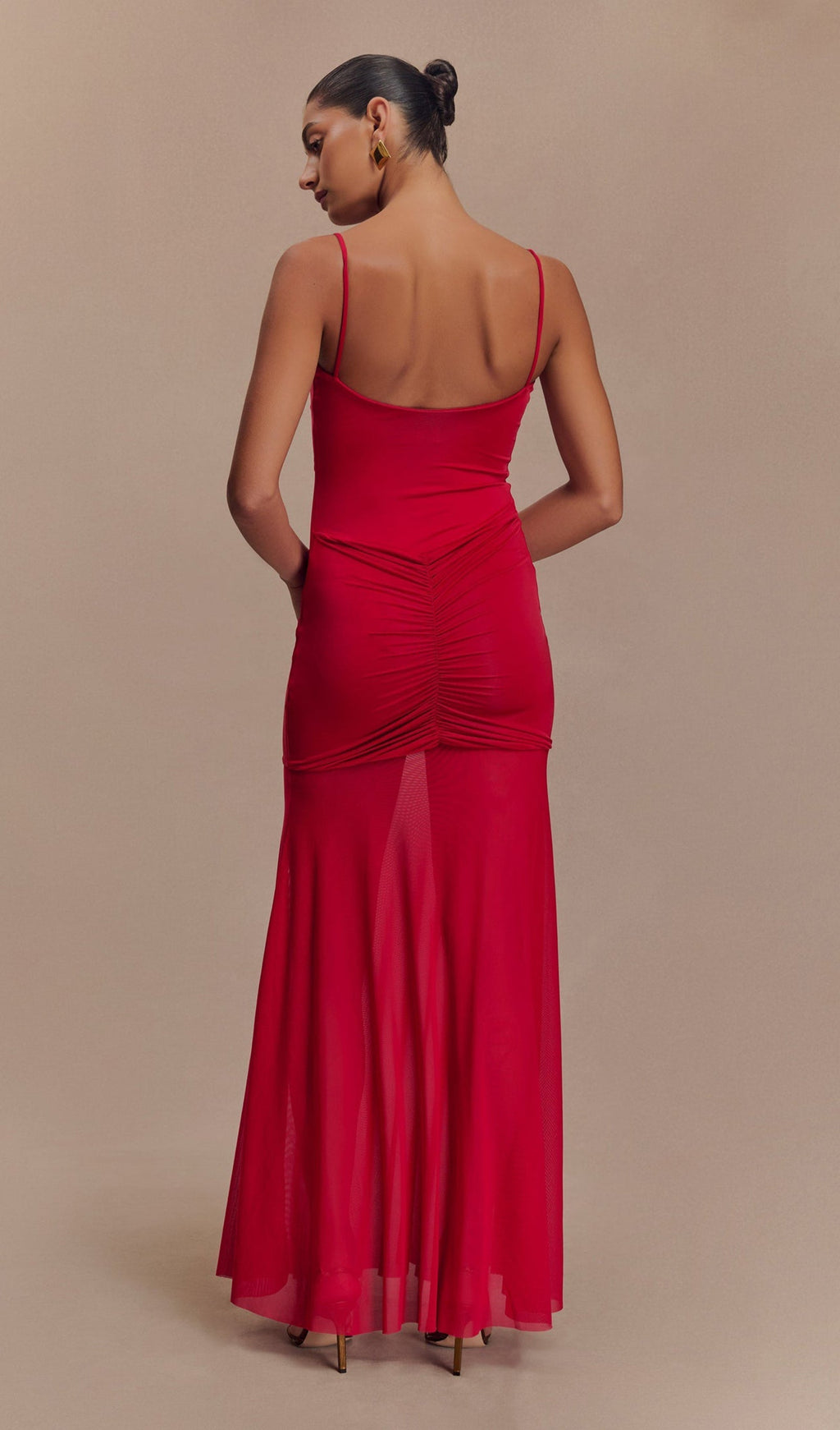 Kırmızı Slinky Ve File Maxi Elbise