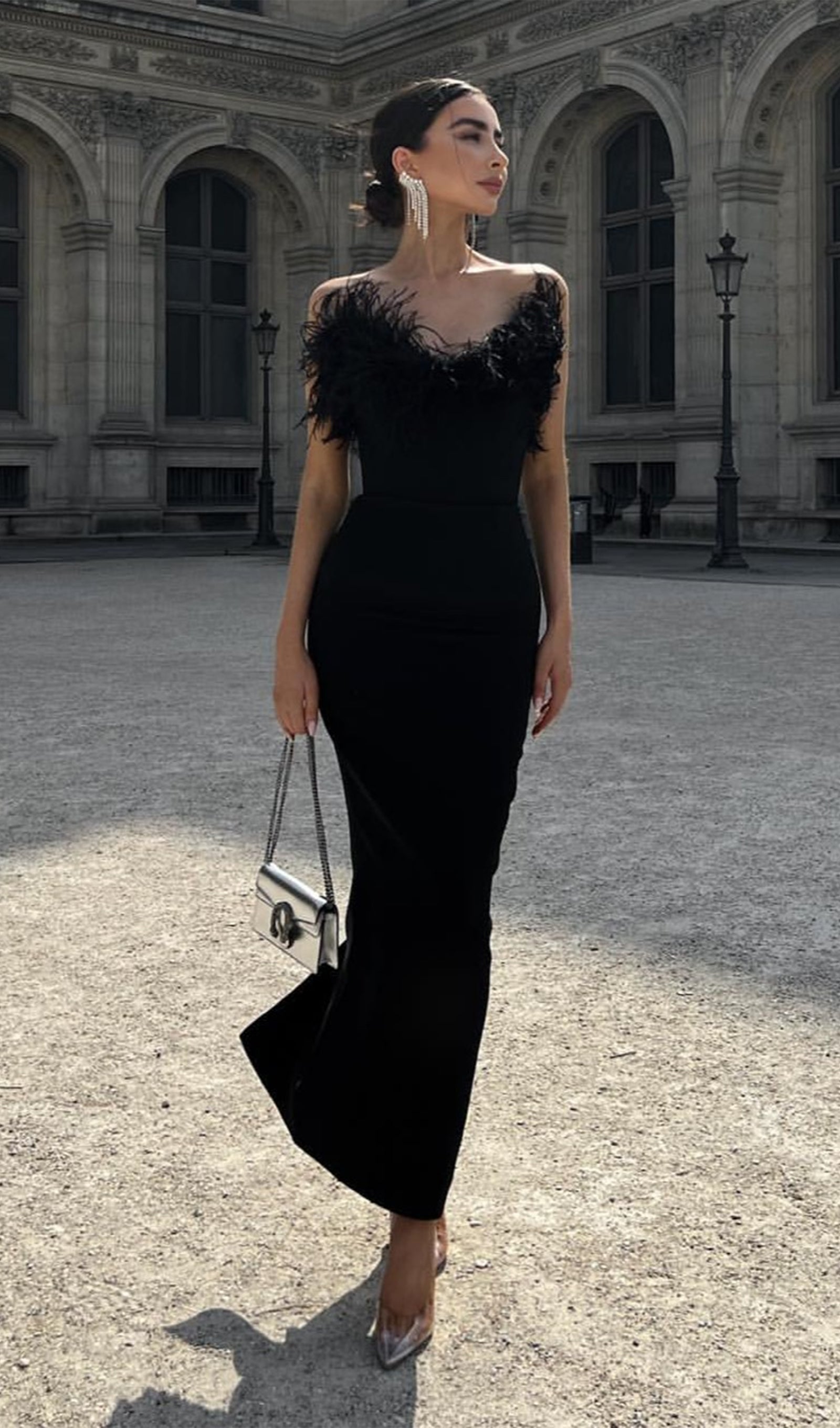 Lena Tüylü Midi Elbise Siyah