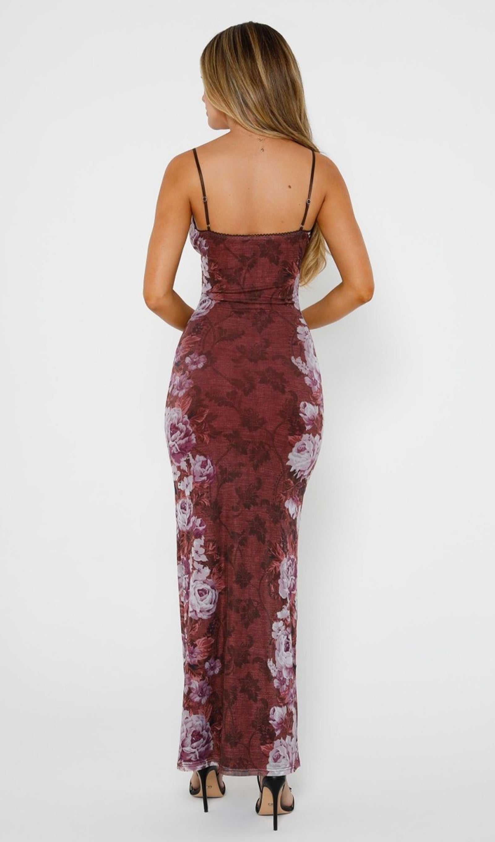 Çiçekli Gül Çizgili Uzun Elbise