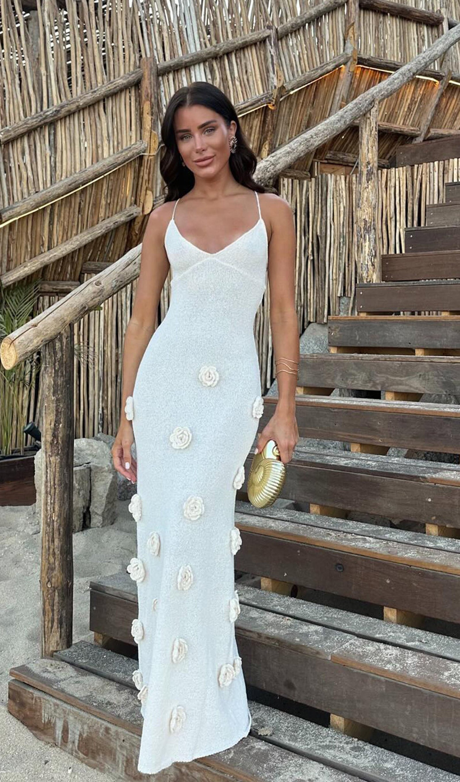 Çiçekli Örme Uzun Elbise - Kırık Beyaz